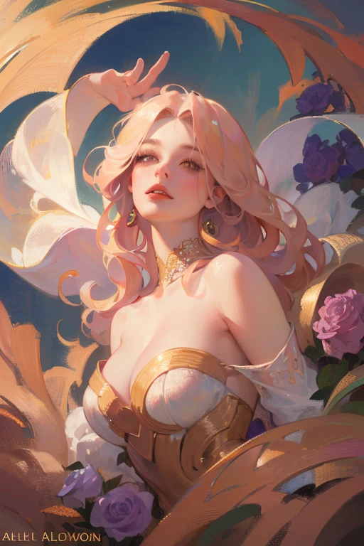 50-year-old woman, middle-aged European, (((MILF))), beautiful alluring noblewoman, (adult face), ((mature woman's face)), full lips, (oval-shaped face), (celestial nose), warm fair skin, small purple eyes, violet doe eyes, very light rose gold hair, pink blonde, pastel pink rose gold hair, very long wavy hair, tareme, long eyelashes, white Rococo fashion-inspired dress with brocade elements, radiant, glowing, luminous, enchanting, elegant, holy, dreamy, romanticism, innocence, serene, compassionate, fine art painting by Yanjun Cheng, Krenz Cushart key art feminine, a character portrait by Oliver Sin and Charlie Bowater, background by James Jean and Alphonse Mucha, ((Alphonse Mucha)), ((intricate detailed)), ((Semi-realistic)), (solo focus), (perfect face:1.1), cleavage, light smile, kind facial expression, ethereal lighting, (high detail:1.1), (((masterpiece))), ((best quality)), fantasy style art, Art Nouveau, full-length portrait, voluptuous body, (glamour shot full body image)