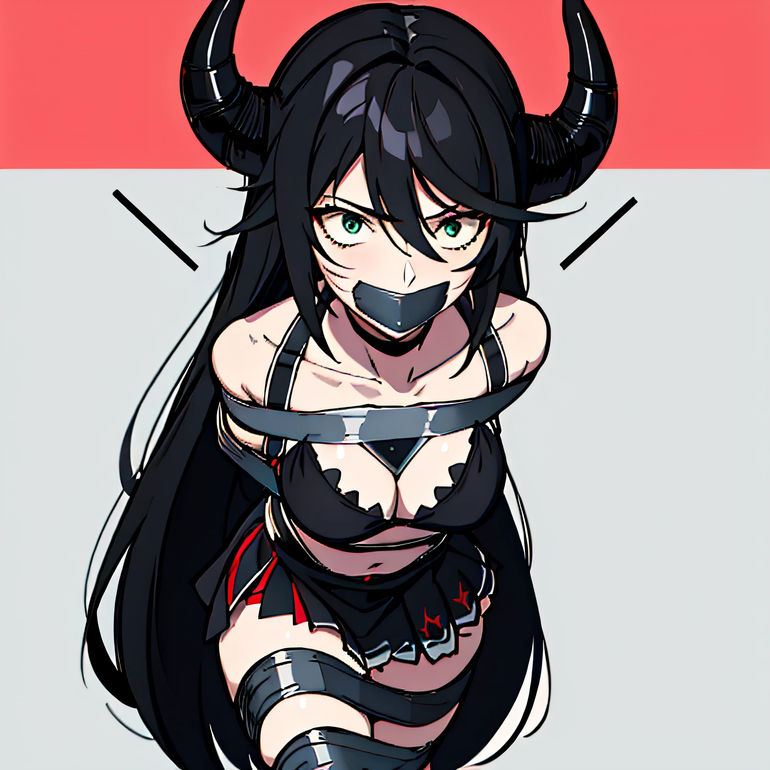 (absurdres, 8k, 4k, masterpiece, hyper extreme detailed:1.2), solo, 1girl, front view, perfect face, 1girl, portrait, expressive eyes, looking at viewer, solo, green eyes, standing, mature female, small chest, pale, long black hair, groan, casual wear, adult, looking forward, front view, black horns, confident, cautious, rational, messy hair, wind, windy, moving hair, moving clothes, swept bangs, front view, unyielding, mature body, tomboy, dragon tail, adult, black nails, wild hair, velvet crowe, scars, fatigue, Black Demonic Horns, Dragon Horns, Dragon Tail, fire, long skirt, hands in pockets, white shirt black letters, exposed shoulder, shoulder strap, suspenders, velvet crowe, velvet-outfit, bound, bondage, (arms behind back:1.4), bdsm, tape gag, tape, tape bondage, close-up, restrained, best anatomy, full body, tape wrapped, wrap gag, bondage, black tape, ropes, black ropes, chest harness, black horns, fire, fiery clothing,