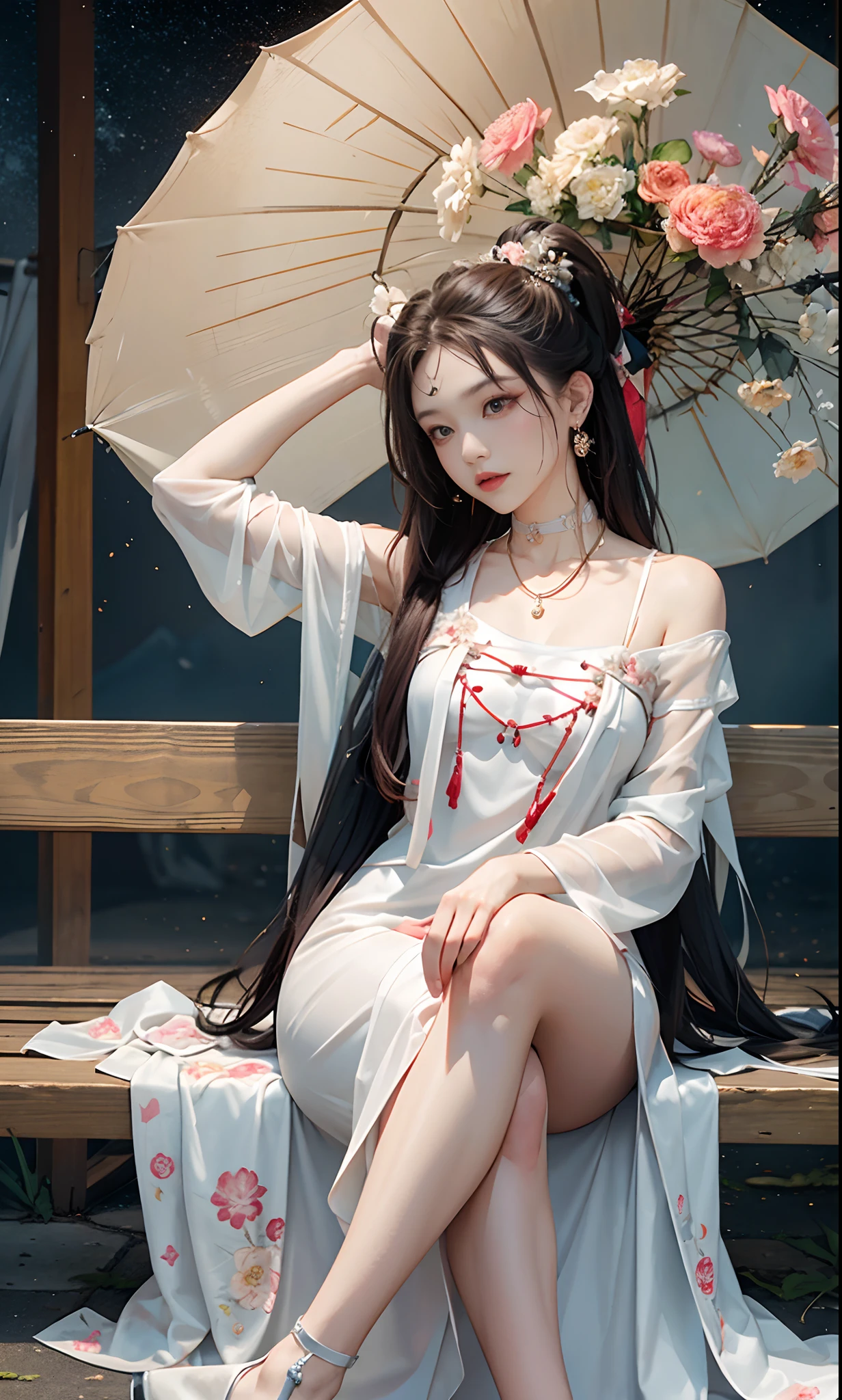 Chinese style,((upper body)), Shot from a random perspective, brown hair,Chinese outfit, Tang Feng Hanfu, Hanfu, (((White dress, Floral))), cropped shoulders,show legs, high-heels, outside, gazebo, Sit Pose, sitting on a bench, posing elegantly, Surprising pose, Cross ed leg, slender leg, Delicate face, Clear face, the night, rays of moonlight, a warm color palette, choker necklace, Hairpins, 耳Nipple Ring