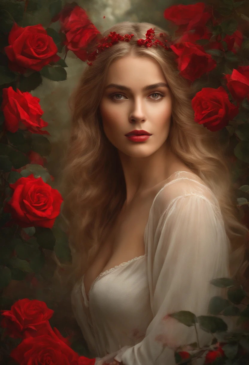 Positive prompt:
Compose a deeply emotional and visually stunning image featuring a young Norwegian woman in the Garden of Eden, with delicate roses in the background. Incorporate abstract art elements with an aspect ratio of 1.6 and a broken glass effect, conveying shattered memories and a red-tinted background with vivid shades of red, orange, and ebony. To enhance the emotional impact, include rose thorns dripping with blood, adding to the overall beauty and evocative nature of the piece. Utilize hyper-detailed and intricate elements, bringing the final image to life with 8K HDR and cinematic lighting. The dramatic atmosphere enhances the overall high-quality and detailed nature of this stunning piece of artwork.
