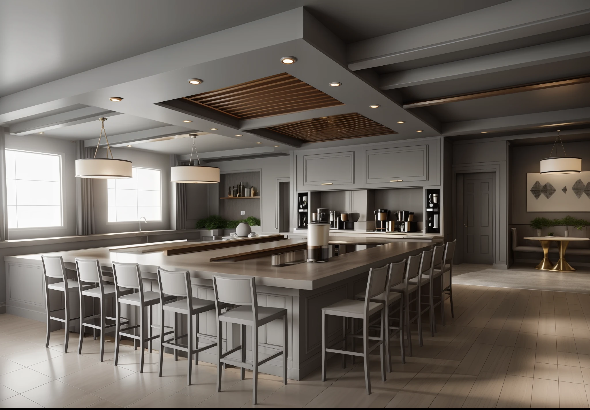 (((coffee interior design))), warm light, (((8K))), realistic, 1 bar, stools, plaster ceiling, (grey tone:1.5), archdaily.com, award-winning design