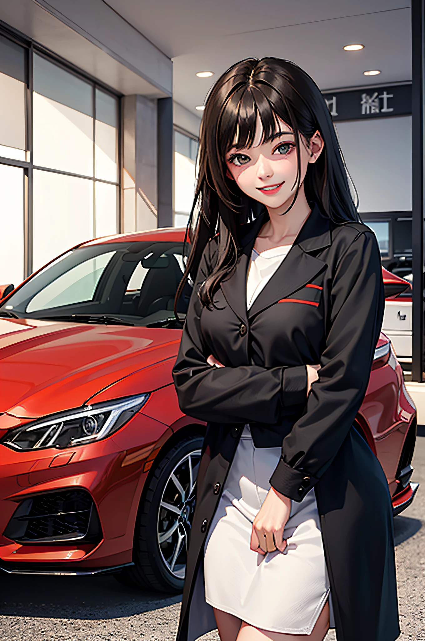 A 20-year-old woman smiling at a car repair shop、White britting clothes、Red sports car on background