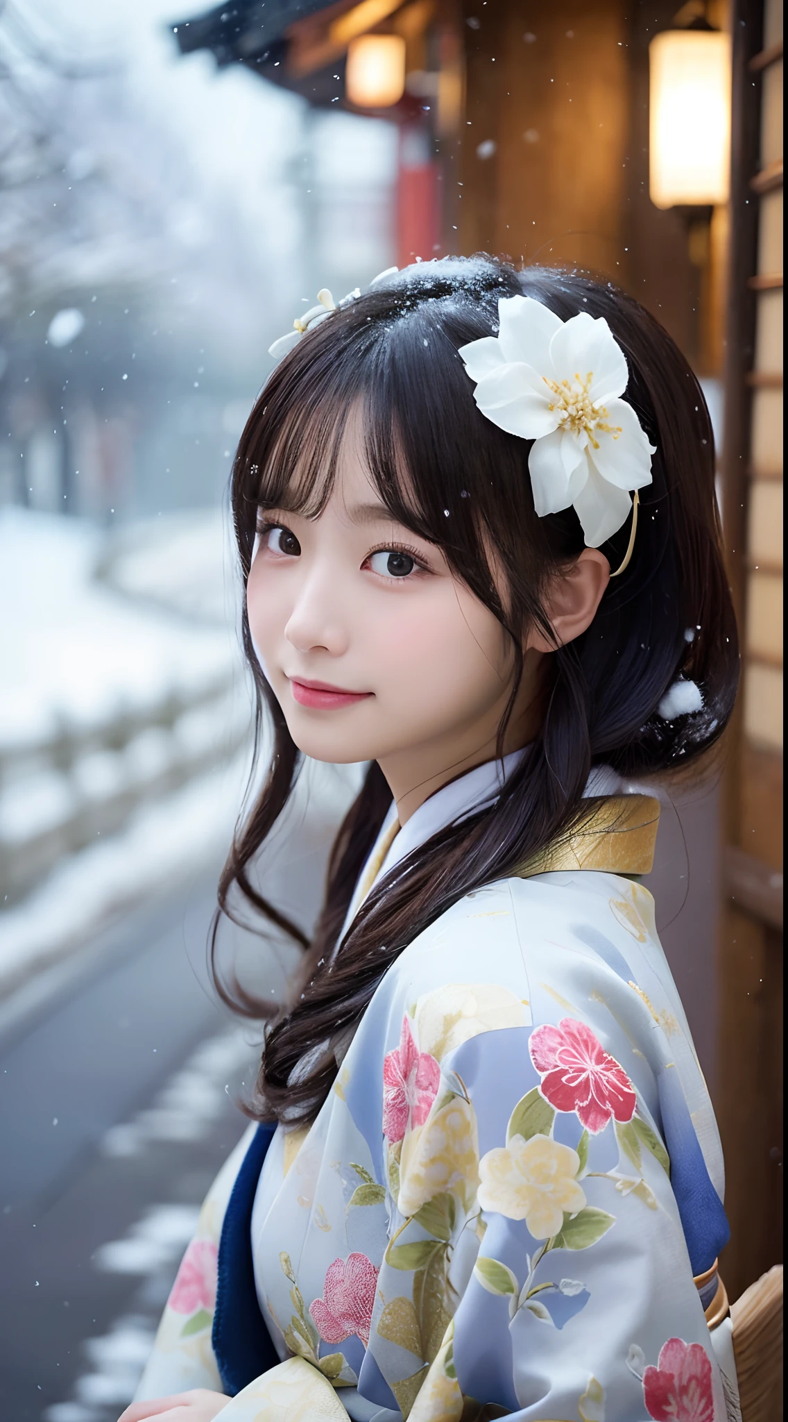 (Kimono)、、(top-quality,masterpiece:1.3,超A high resolution,),(ultra-detailliert,Caustics),(Photorealsitic:1.4,RAW shooting,)Ultra-realistic capture,A highly detailed,high-definition16Kfor human skin、 Skin texture is natural、、The skin looks healthy with an even tone、 Use natural light and color,One Woman,japanes,,kawaii,A dark-haired,Middle hair,(depth of fields、chromatic abberation、、Wide range of lighting、Natural Shading、)、、(Falling snow:1.2)、(Hair swaying in the wind:1.2)、(Snow reflects light:1.2)、Back lighting、Slightly open mouth、Surprised look、Happy expression、Facing the front、Fancy Hair Set、Wearing a scarf over his head、Wearing an ornament on the head、Japan Traditional Hair Set