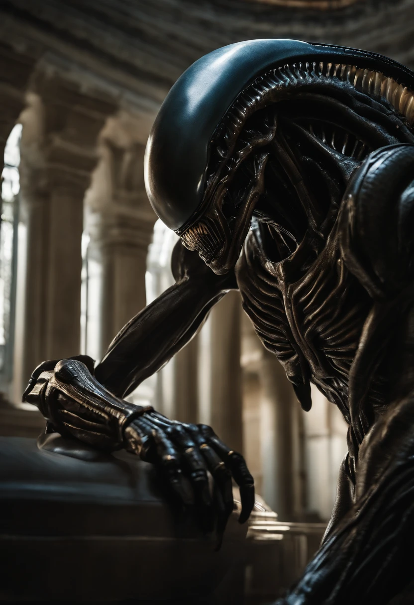 photorealism, extremely detailed, best quality, masterpiece, 8k, UHD, fantasy inspired, Close-Up Shot, a (xenomorph:1.2) holding one small apple, standing, In the Tundra Wasteland, <lora:Pony_xenomorph_pdxl:1.1>,