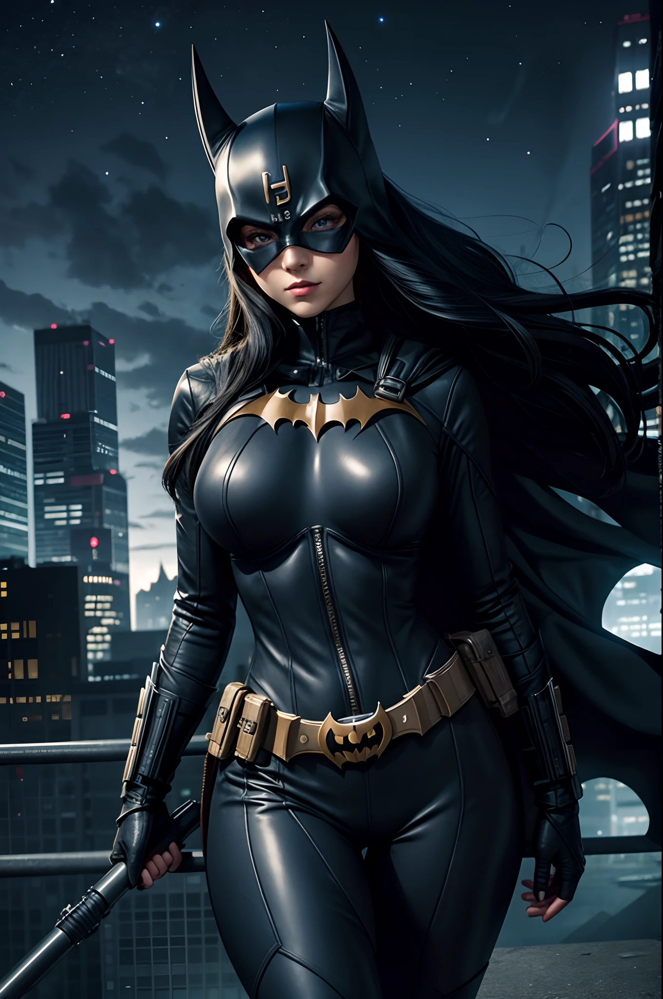 Scenario: The image will be set in a nocturnal cityscape, with skyscrapers and dark alleys, evoking the mysterious and intriguing atmosphere of Gotham City.pose: Batwoman will be in a dynamic pose and ready for action. She could be wielding her famous Batarang or prepared to use her martial arts skills.Facial expression: Your face will be determined, reflecting the courage and commitment that make her a protector of Gotham City.Lighting: The image will feature creative use of light and shadow to emphasize the character's duality – her dark nature as a vigilante and the light she brings to fighting crime..
