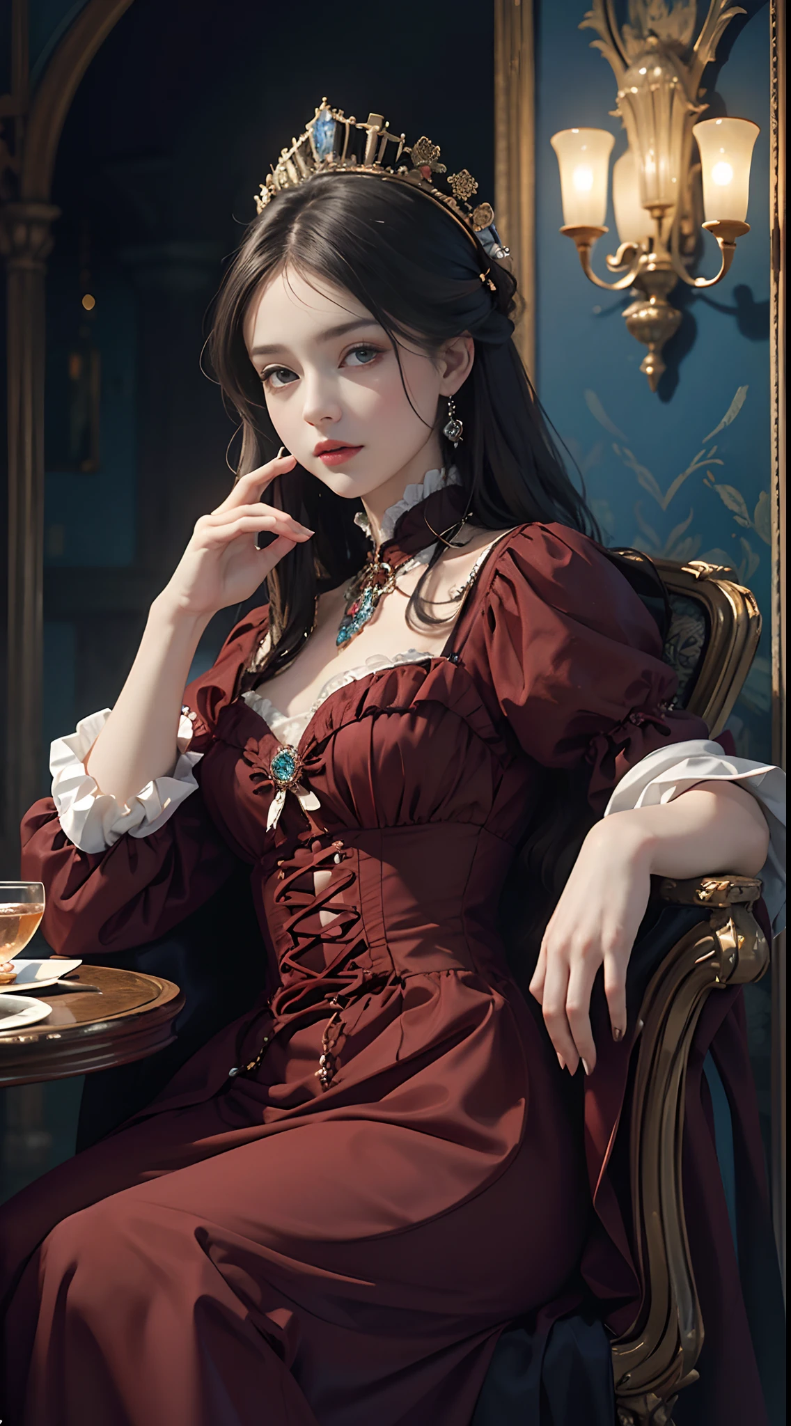 (Pure color: 0.9), (Color: 1.1), (Masterpiece: 1,2) 30 years old, Best quality, Masterpiece, high resolution, Original, highly detailed wallpaper, Beauty, Victorian, dress, Melancholy, marron marron, 30 years old