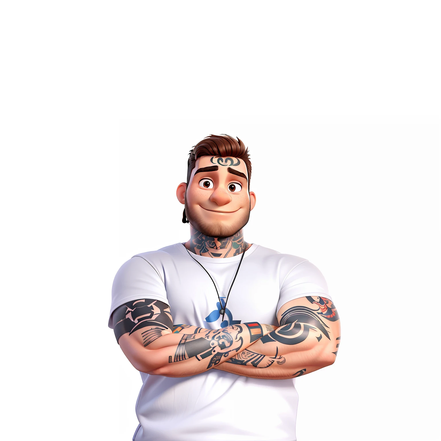 A 28-year-old with his arms crossed, Smiling with tattoo on arm, rosto um pouco redondo