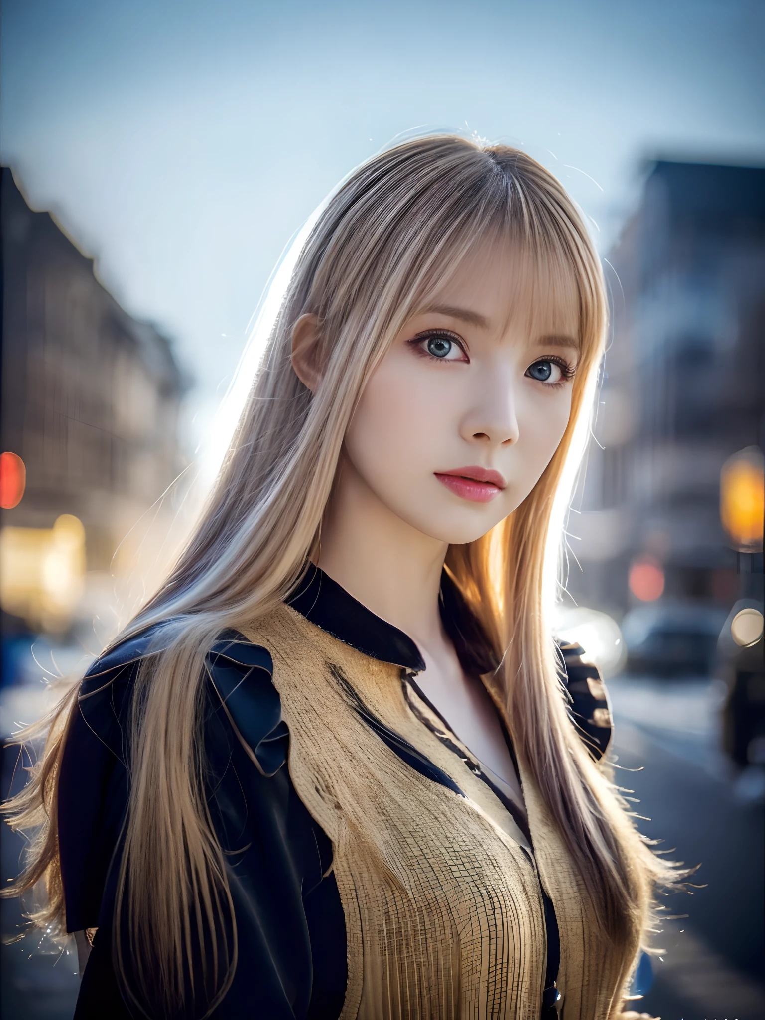 (the Extremely Detailed CG Unity 8K Wallpapers,Full body image of a beautiful woman，masutepiece, Best Quality, Ultra-detailed),(Beautiful and clear scenery，Best Shadow, extremely delicate and beautiful),floating,High color saturation,Blonde hair+Blue eyes:1.2,Bright downtown，Long hair, Gaze into the distance. (Beautiful girl with long blonde hair and shining gothic lighting with blue eyes)