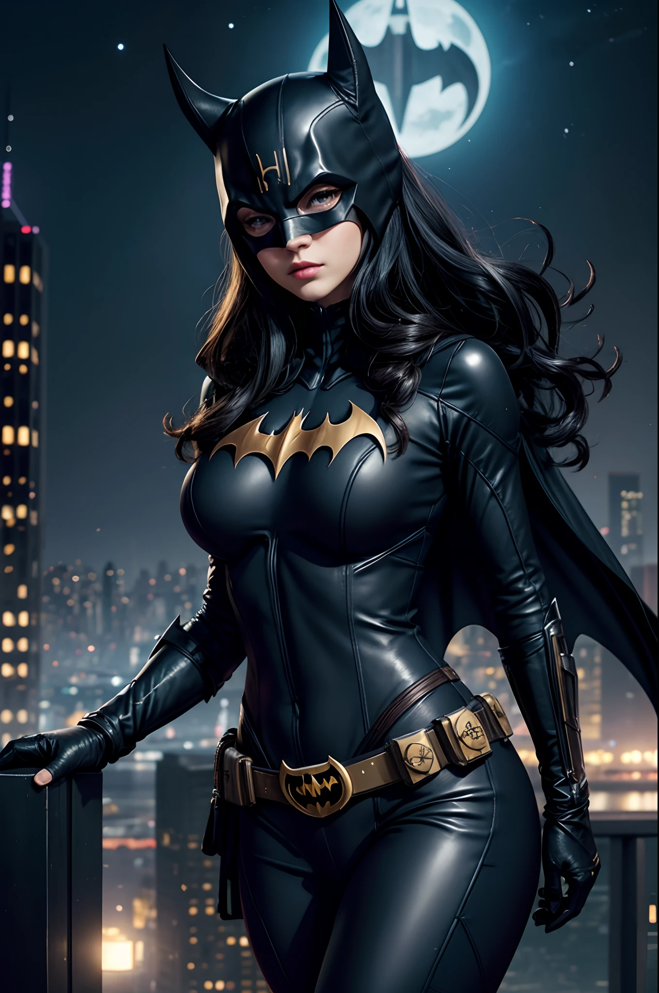 [1girll (Batgirl) 1.2] (Night sky, Cityscape, gotham city background) [Reality 0.8] [3d 0.9] [Mask, Long hair, Blue eyes, tightsuit, Breasts, Cape, domino mask, belt, Medium breasts, Superhero, mitts, Lips, Black bodysuit, helmet, belt buckle, Horns, bat_print, pouch) 1.1] [Curvy (Narrow waist, Large breasts) 1.2] [Grading 1.1]