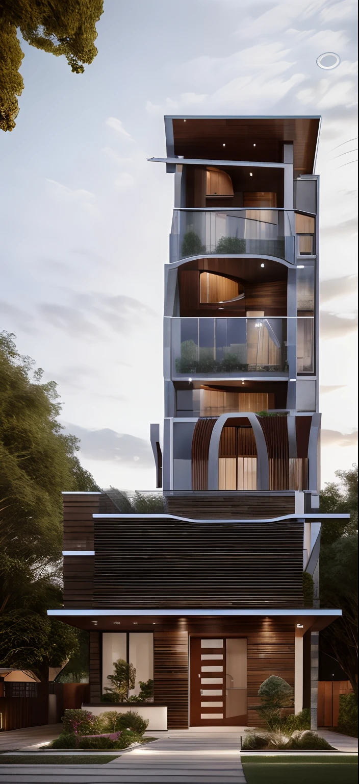 modernvilla, mabuilding, front, architecture, brick and metal, photo of a house, architecture, beautiful, masterpiece, best quality, super detailed, realistic, photorealistic, 8k, sharp focus