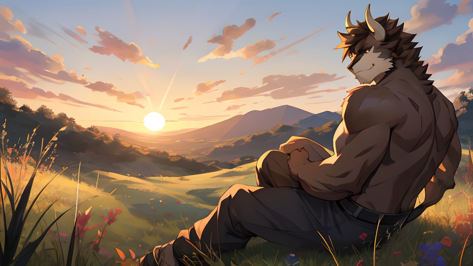 Masterpiece, Cool Pose, Furry Brown Buffalo, Medium Muscular Body, Brown Eyes, Medium Hair, Casual Set, Fierce, Good looking, Smirking, Breeze wind, Comfortable, Looking To Back, Sitting In Grass, High Ground, Sunset, Hill Background