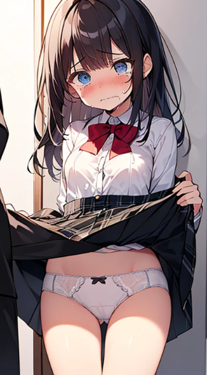 masutepiece, Best Quality,Illustration, Wallpaper, ultra -detail, Lori、(((molesting)))、Detailed eyes, Complex hairstyle、Sareme、((fear:1.5))、(Teary-eyed:1.5)、(((Cute white underwear)))、(blazers、Kilted skirt)、ample breasts、((Morester))、((Girl being taken off her skirt by a man))