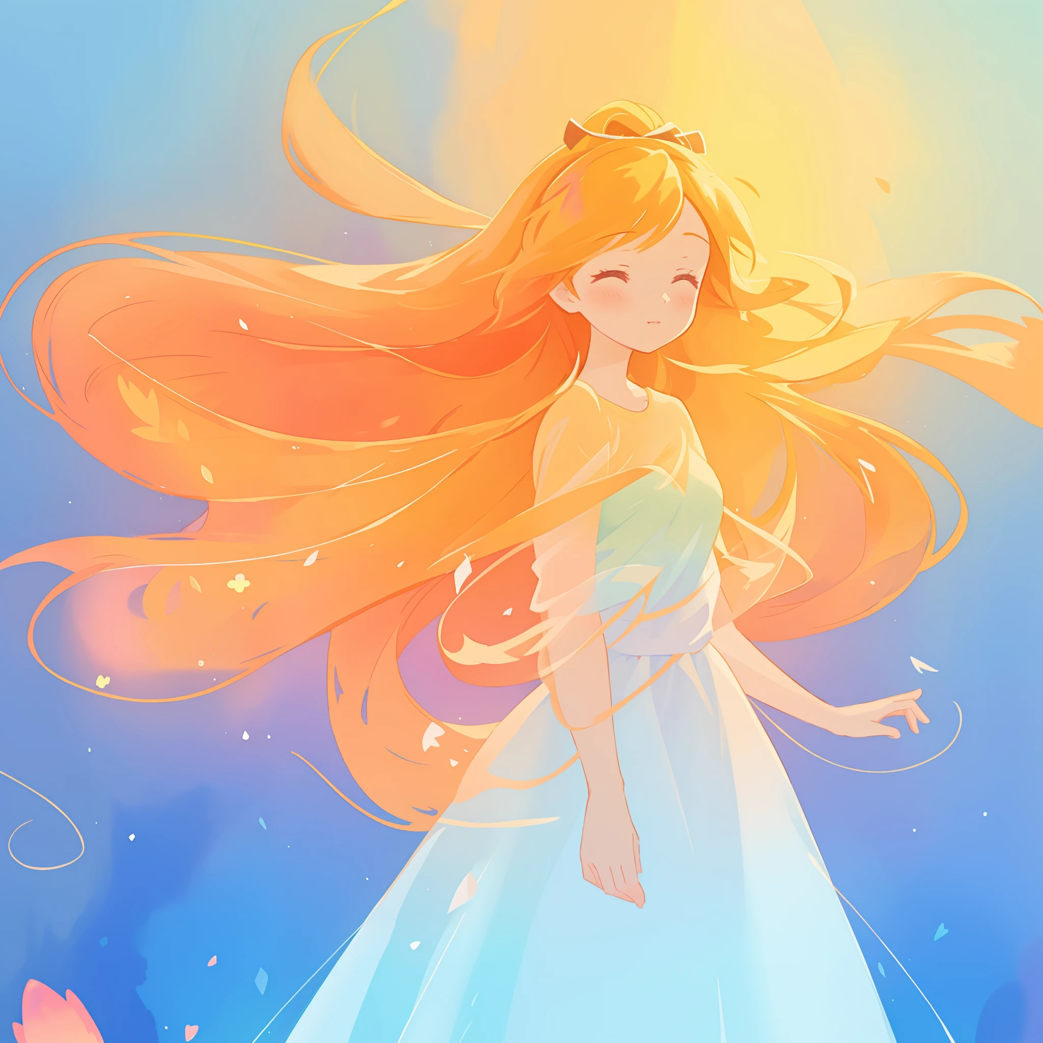 beautiful girl in flowing multi-layered dress, fairy dress, long golden hair, watercolor illustration, inspired by Glen Keane, inspired by Lois van Baarle, disney art style, by Lois van Baarle, glowing aura around her, by Glen Keane, jen bartel, glowing lights! digital painting, flowing glowing hair, glowing flowing hair, beautiful digital illustration, fantasia otherworldly landscape plants flowers, beautiful, masterpiece, best quality, anime disney style