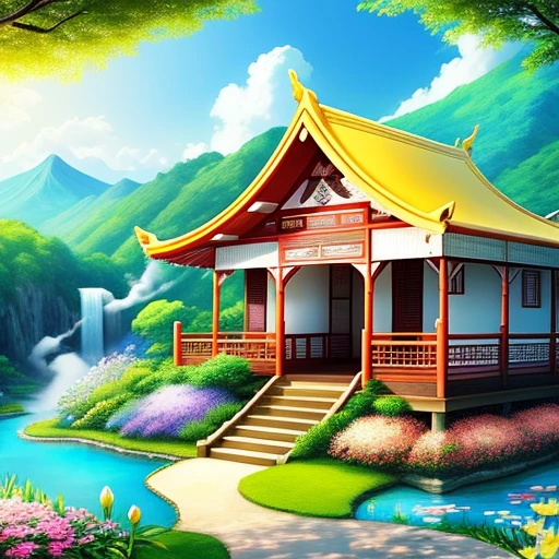 with a realistic、Be authentic、beautifly、amazing landscape、with blue sky and white clouds、flower、Chii、the woods 、mont、The lotus flowers,garden,vila,city,region,Yellow Temple、a paradise、a chair、a bed、Smoke、Fluttering Flag、Indoor, Red carpet,canopy,thai style,Resort、springtime、full bloom、flat land、celestial realm、Yellow roof、safety、railing、placid
