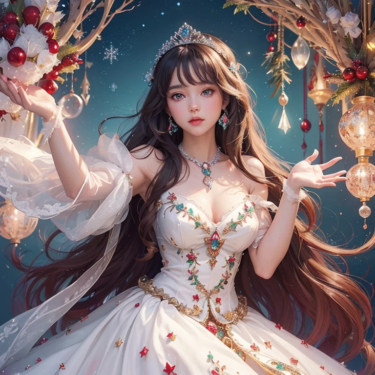 (top-quality、hight resolution、masterpiece)、(Photorealsitic)、(David Hamilton Style)、(softfocus)、Cinema Angle、ciinematic light、softlight、raytrace、(Land of Gems)、(Adorable Gem Princess、age19、Medium chest、)、(The majesty of the princess)、(Affectionate gaze)、(Detailed Vintage Portraits)、 Perfect face、Beautiful hairstyles、(ruby tiara)、 Detailed eyes, (Anatomically accurate hands and fingers)、Gorgeous Gem Outfits, (Christmas costume with delicate red and white design)、Crystal Brilliance、Luminous Gemstones、The brilliance of multicolored gemstones、fairytale、 Alice in Wonderland、jugendstil、colorful flower、The brilliance of the gemstone fills the space like a star、Background of sparkling water droplets dancing in the air、Unrealistic background、blured background、