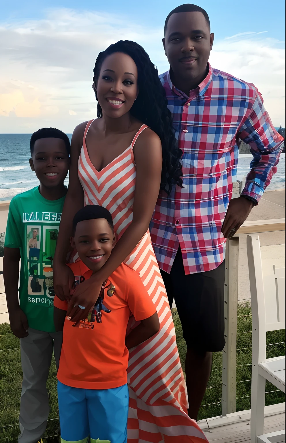 Black family celebrating 30 wedding anniversary with their two sons.