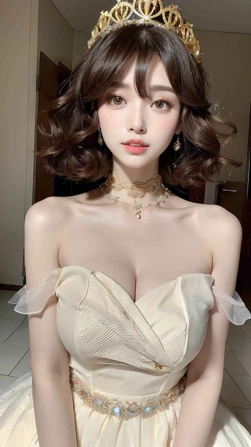 ((best quality, 8K, masterpiece:1.3)), Focus:1.2, ((Beauty Pageant )) ((Camera Zoomed Out)) ((Sitting Inside )) ((Perfect figure Beautiful Woman: 1.4)), ((Random Parted Layered Hairstyle: 1.5)) ) (( Wavy Hair In Big Loose Curls: 1.5))(Protruding cleavage,Detailed Dress With Crown :1.5)), Detailed Eyes And Lips)), ((Brown Eyes)) ((Full Lips)) (Highly Detailed Face and Skin Texture)),二重まぶた,((Makeup Look), (()Detailed Skin)), ((Wearing Chocker)), ((Looking At Camera))