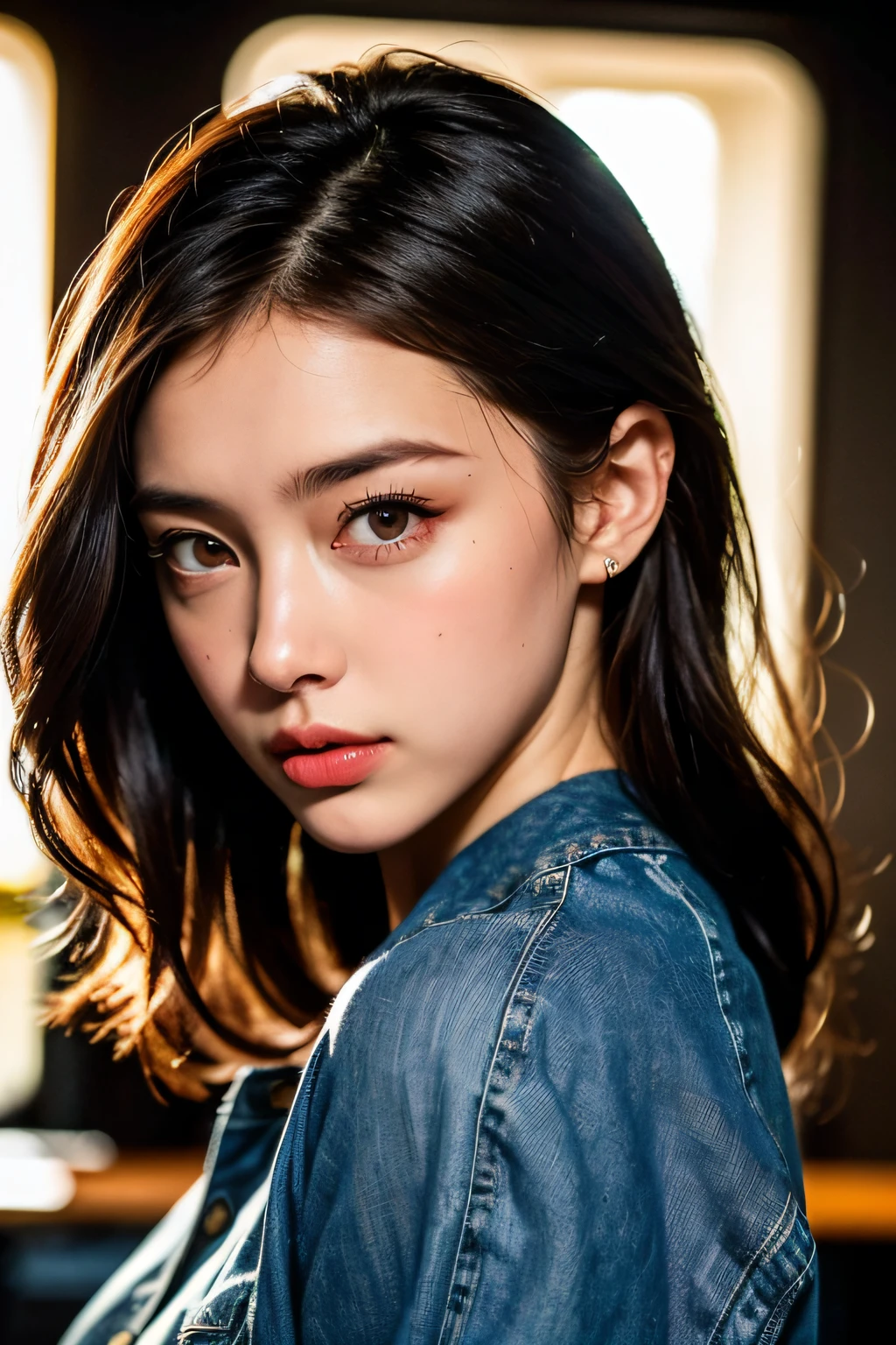 Full face portrait photo of 25 year old European girl、raw、Beautuful Women、Semi-open strawberry lip、Dimples、A wistful look、(Extra long wavy brown hair)、((A detailed face))、((detailed facial features))、(Fine detailed skin)、pale-skinned、(Detailed white sweater with a deep neckline、Denim jeans)、Cyberpunk Megacity Environment、(cool color)、moist、moist、Reflectors、(masterpiece)(perfectly proportions)(photos realistic)(top-quality)(detaileds)photographed in a Canon EOS R5、 50mm Lens, F / 2.8, nffsw, (8K) (wall-paper) (电影灯光) (Dramatic Lighting) (foco nítido) (Convoluted), Raw photography, Raw photography, Gigachad Photos, Pose for the camera, Denim jeans,8K UHD, Digital SLR, hightquality, Grain film, FujifilmXT3, Film Stock Photo 4 Kodak Portra 400 Camera F1.6 Lenses Rich colors Ultra-realistic textures Dramatic lighting Unreal Engine Art Station Trends Cinestill 800 Tungsten, toughboy style、Ultra Focus Face、Intimidating、Combat position、Short messy hair、musculature、Ruptured veins、bead、Outer space background