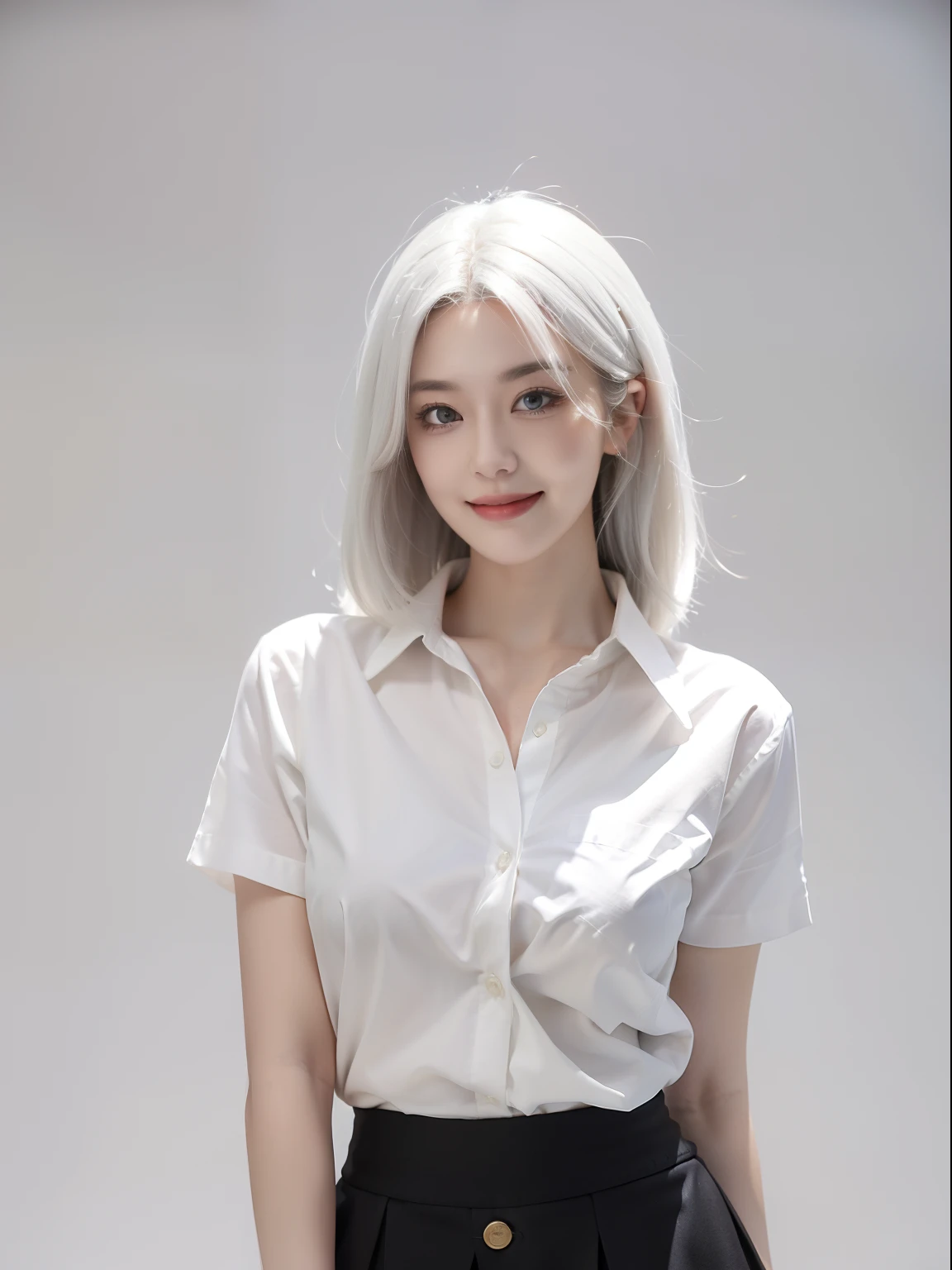 ((Masterpiece, Best quality)), (1girll), (Solo), (female focus), (ahoge, White hair, Very long hair), Golden eyes, Hefty Smile, Open mouth, ((White shirt), (Buttoned shirt), (Clearance button)), ((Black skirt), (Short skirt)), standing, White background, arms back behind, Dynamic Angle
