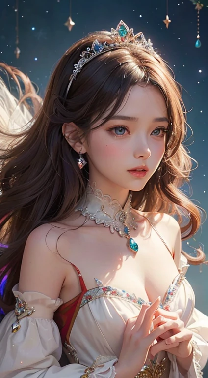 (top-quality、hight resolution、masterpiece)、(Photorealsitic)、(David Hamilton Style)、(softfocus)、Cinema Angle、ciinematic light、softlight、raytrace、(Land of Gems)、(Adorable Gem Princess、age19、Medium chest、)、(The majesty of the princess)、(Affectionate gaze)、(Detailed Vintage Portraits)、 Perfect face、Beautiful hairstyles、(ruby tiara)、 Detailed eyes, (Anatomically accurate hands and fingers)、Gorgeous Gem Outfits, (Christmas costume with delicate red and white design)、Crystal Brilliance、Luminous Gemstones、The brilliance of multicolored gemstones、fairytale、 Alice in Wonderland、jugendstil、colorful flower、The brilliance of the gemstone fills the space like a star、Background of sparkling water droplets dancing in the air、Unrealistic background、blured background、