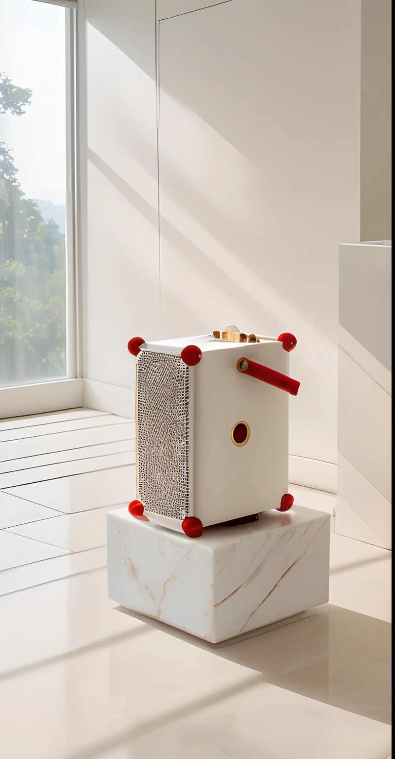tmasterpiece,HD,フォトリアリスティック,Light background,Red speaker on white marble,of a real,In front of floor-to-ceiling windows,Beautiful natural scenery outside the window,Interior details are detailed,Realistic light and shadow