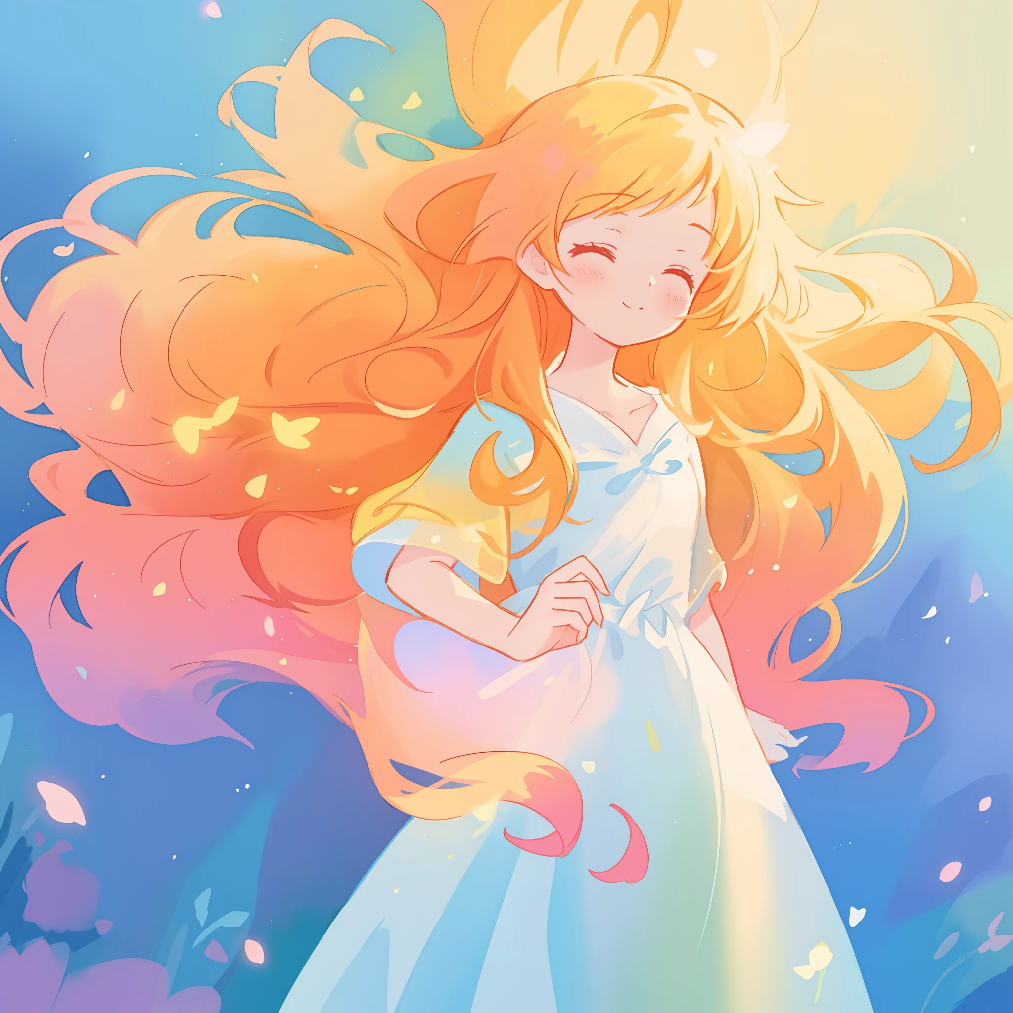 beautiful girl in flowing multi-layered dress, fairy dress, long golden hair, watercolor illustration, inspired by Glen Keane, inspired by Lois van Baarle, disney art style, by Lois van Baarle, glowing aura around her, by Glen Keane, jen bartel, glowing lights! digital painting, flowing glowing hair, glowing flowing hair, beautiful digital illustration, fantasia otherworldly landscape plants flowers, beautiful, masterpiece, best quality, anime disney style