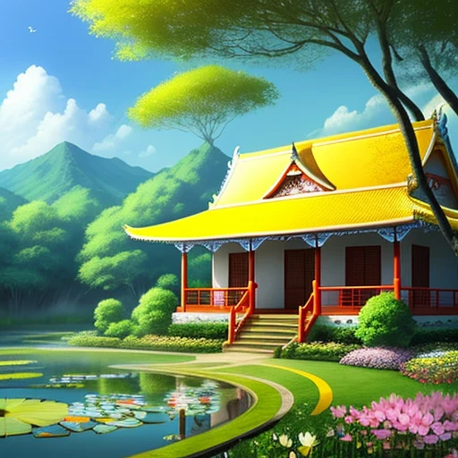 with a realistic、Be authentic、beautifly、amazing landscape、with blue sky and white clouds、flower、Chii、the woods 、mont、The lotus flowers,garden,vila,city,region,Yellow Temple、a paradise、a chair、a bed、Smoke、Fluttering Flag、Indoor, Red carpet,canopy,thai style,Resort、springtime、full bloom、flat land、celestial realm、Yellow roof、safety、railing、placid
