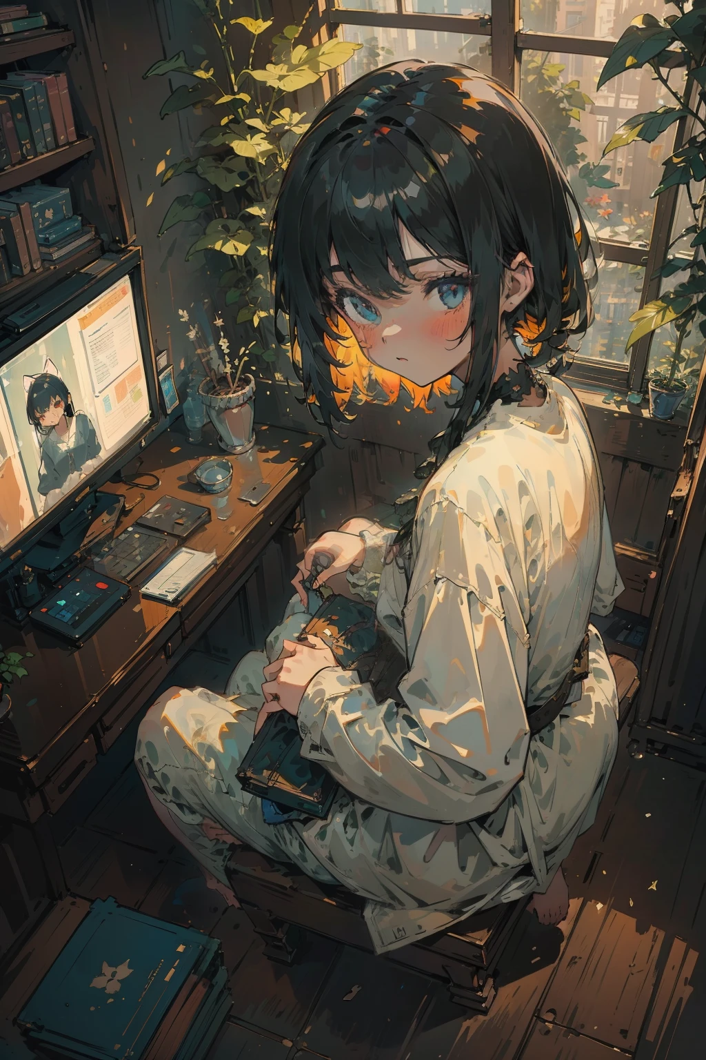 (masterpiece:1.2, best quality, ultra-detailed), (impressionism:1.3), 1girl, tall girl, from above, plant, black hair, lying, indoors, holding, long sleeves, long hair, stuffed toy, potted plant, book, food, window, phone, loaded interior, television, short hair, on back, stuffed animal, cat, slippers, barefoot, sitting, bookshelf, shelf, cable, computer