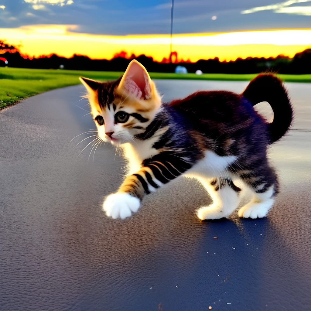 The kitten stands sideways and whips people