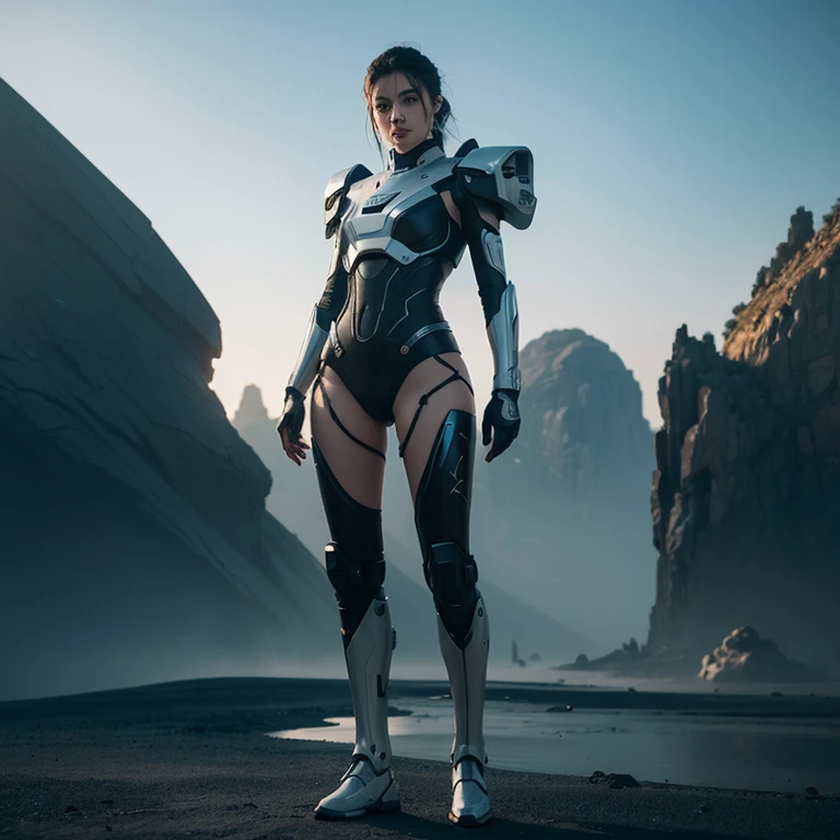 Standing mech, Full body front, Simple_Background, White_Background, Reggie Steel, Metallic, Black sand, Laser sight, owtech, Sci-fi, Stylized, Guibli, Flat monochrome drawing, The light and shadows are realistic, Cyberpunk, Futuristic, Digital art, Best quality, Graphic animation, sfv, starsector, Sci-fi style, High-tech products, Sci-fi, fantasy, Very detailed detail, Digital painting, Trends on ArtStation, concept-art, Sharp focus, illustration,