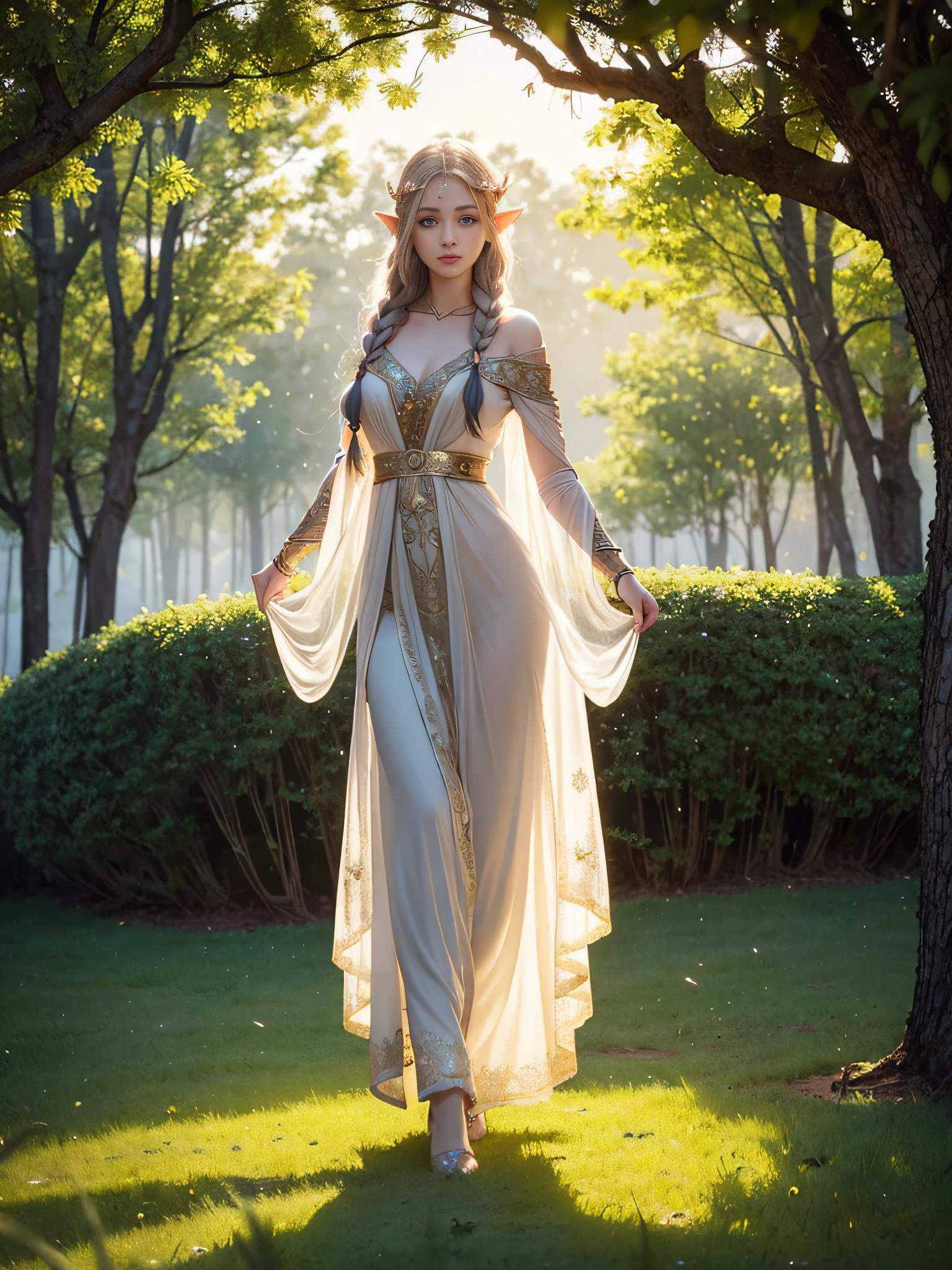 Graceful elven girl standing in meadow, Delicate face illuminated by the soft light of the setting sun. Her long, Flowing hair runs down your back, Decorated with intricate braids、Adorned with sparkling gemstones. This great photo is、、、It captures the ethereal beauty of elves. Slender figure in silk dress、Swaying in the soft steppe breeze. Attention to detail、Face that is、Face that is、Face that is、Face that is、It is evident in the intricate patterns of the dress and the subtle highlights of the luminescence. skin. The breathtaking portrayal of the elven girl is、、、、、Create an enchanting atmosphere、It invites the viewer to a magical world.