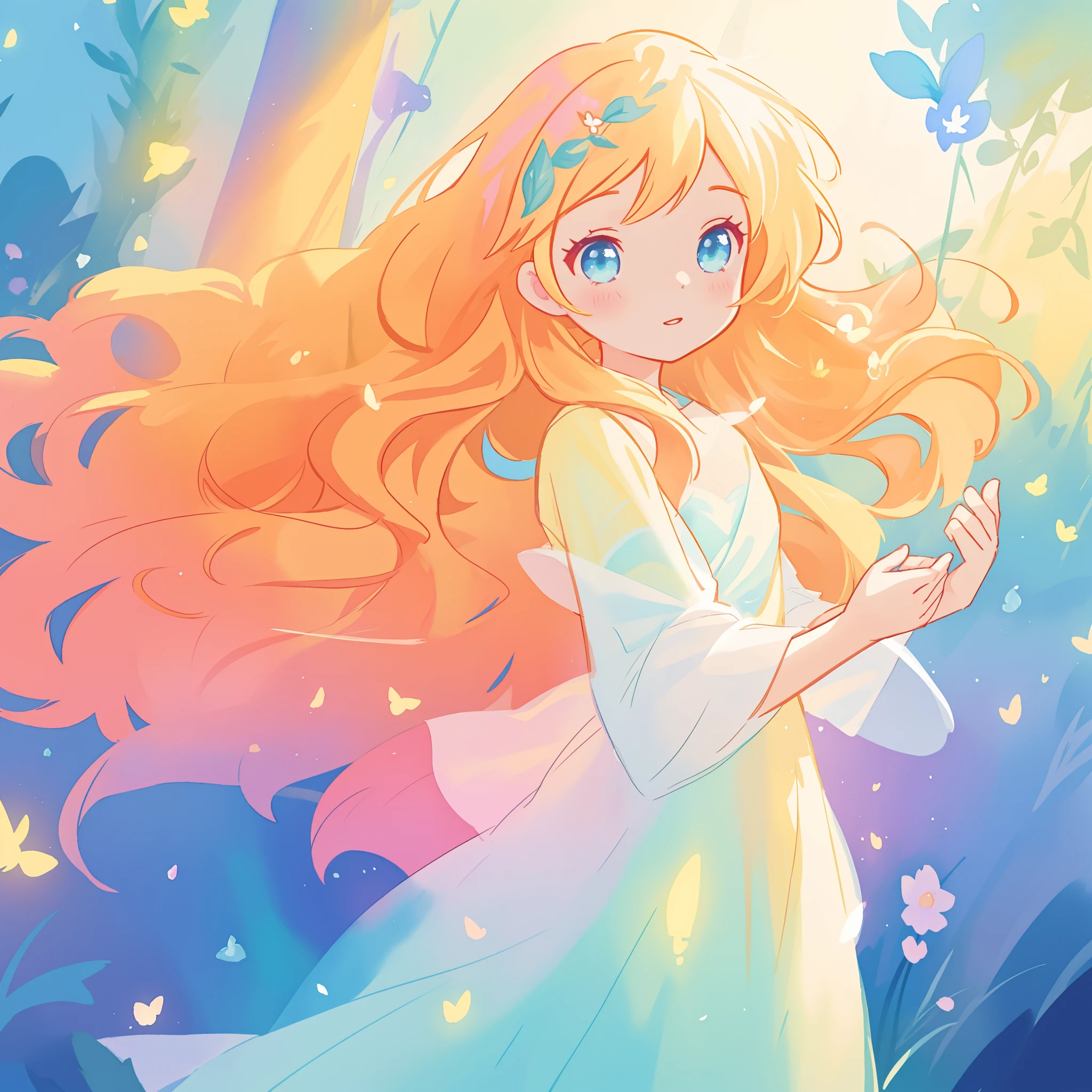 beautiful girl in flowing multi-layered dress, fairy dress, long golden hair, watercolor illustration, inspired by Glen Keane, inspired by Lois van Baarle, disney art style, by Lois van Baarle, glowing aura around her, by Glen Keane, jen bartel, glowing lights! digital painting, flowing glowing hair, glowing flowing hair, beautiful digital illustration, fantasia otherworldly landscape plants flowers, beautiful, masterpiece, best quality, anime disney style