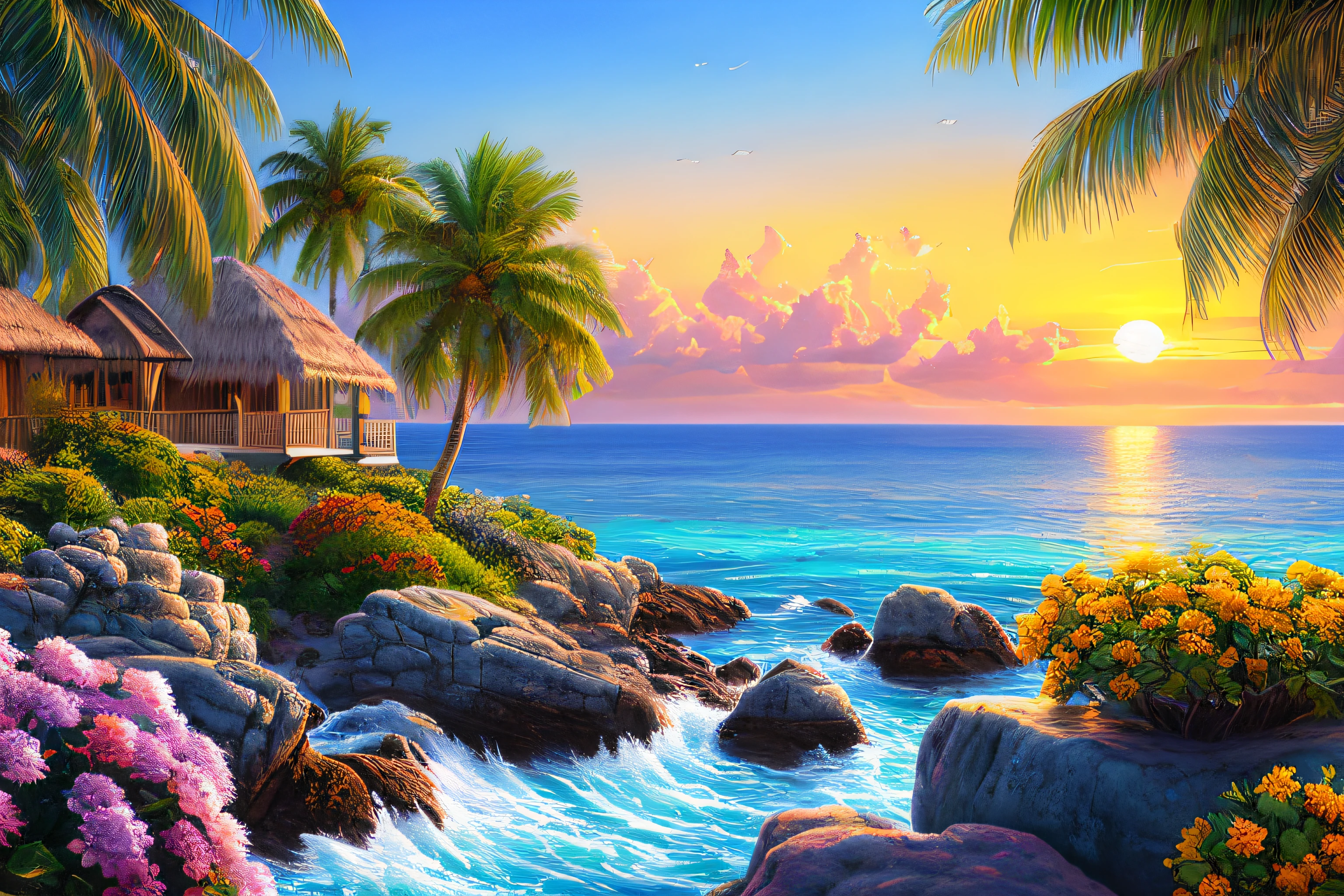 landscape,azure sea, coconut trees, exotic flowers, bright landscape, , rocks,, setting sun, blue sky, water, houses, (extremely detailed CG 8k unit wallpaper), world's most beautiful artwork, professional majestic oil painting, complex, high detail, sharp focus, dramatic, photorealistic painting art,