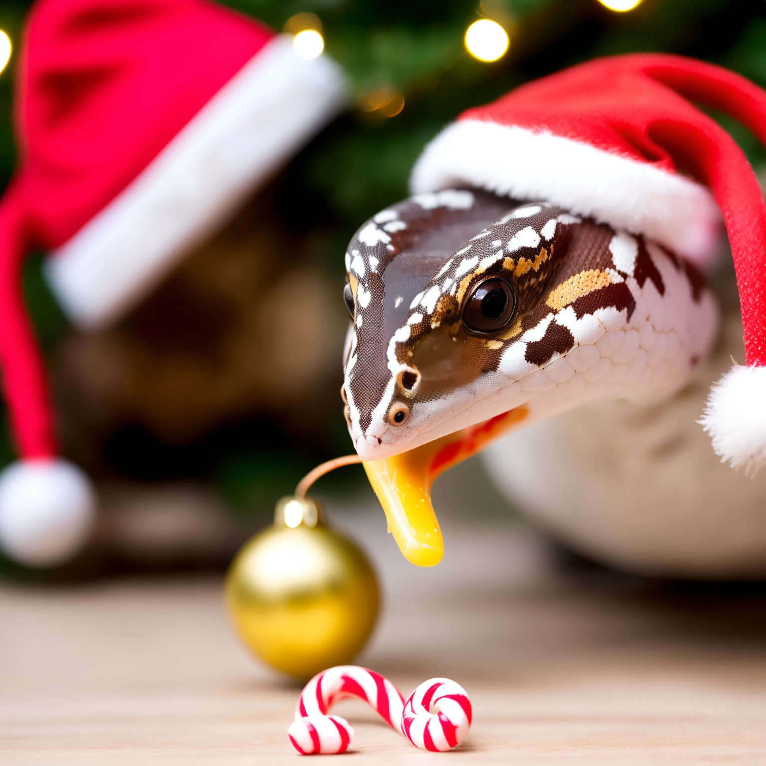 White corn snake with pink spots. Wearing a christmas hat while licking a candy cane.