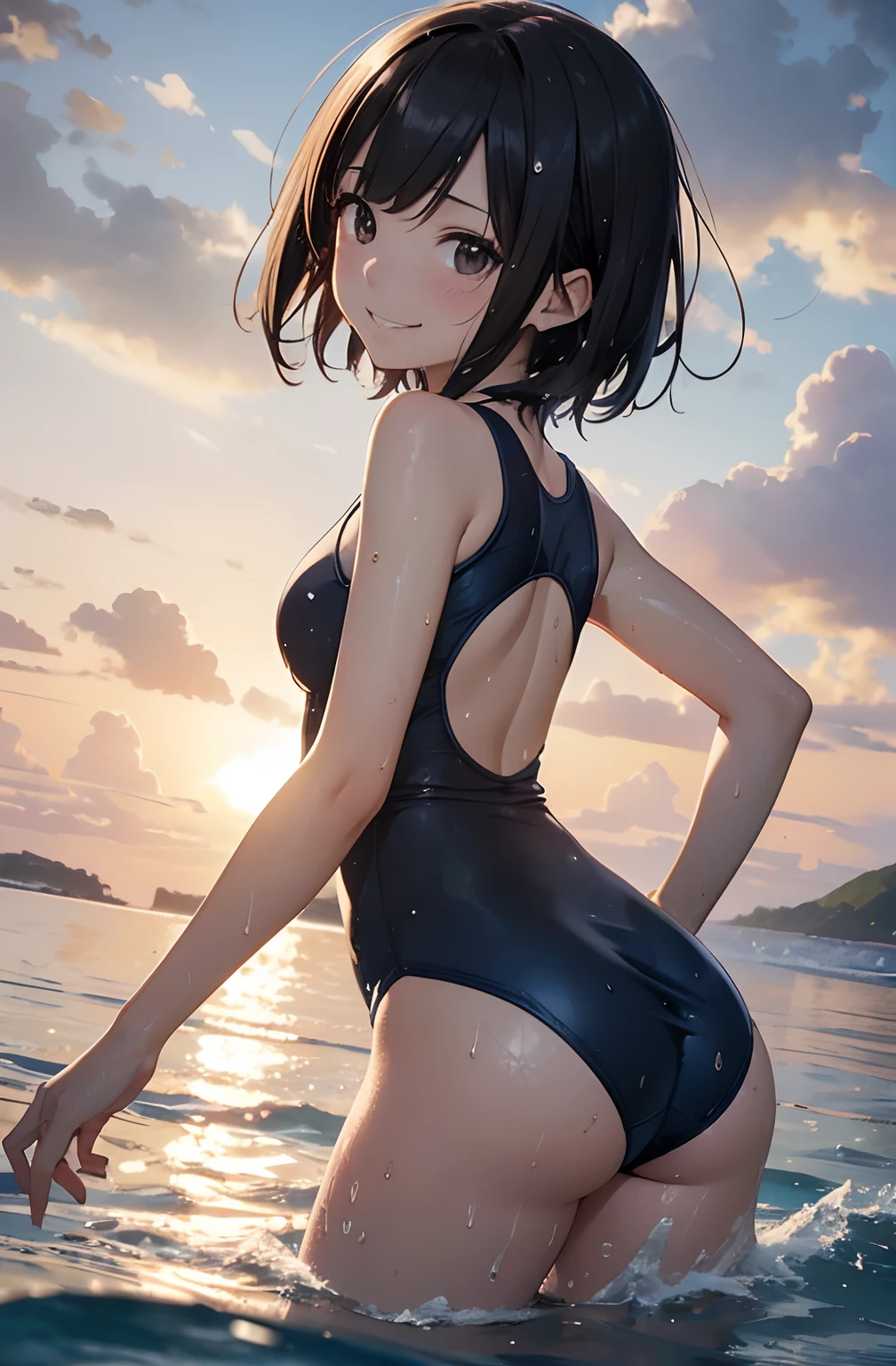 (masutepiece:1.2), (Best Quality:1.2), hyper detailed illustration,beautiful artwork,(Extreme Detail CG Unity 8K wallpaper、masterpiece、top-quality)、(exquisite lighting and shadow、highly dramatic picture、cinematic lens effects)、Young woman posing in the sea in swimsuit, 1girl in, (School Swimsuit:1.3), Solo, onepiece swimsuit, Outdoors, Short hair, (Wet:1.2), Sun, Looking at Viewer, playing in the water, breasts, Covered navel, skyporn, Water, Black hair, Smile, cloud, (Brown eyes), competition swim suit, day, Small breasts, Bangs, Sunlight, ass visible through thighs, Blue one-piece swimsuit,(Wet),(from behind),(Water splash),(straggling hair),(arched body:1.1), Dramatic Horizon,(Radiant Sunset),Look back,(Sweat:1.2),(A big smile:1.2),open hand,(bokeh)