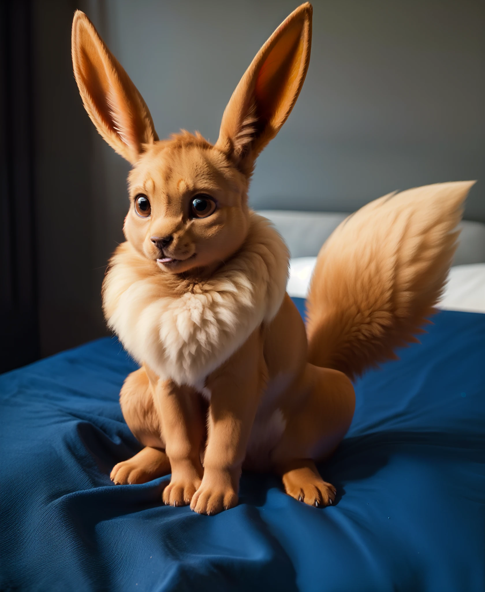 feral eevee sitting on bed,BREAK,(masterpiece, best quality, ultra realistic, 4k, 2k, (intricate:1.1), (high detail:1.4), film photography, (soft focus:1.1),RAW photo, photorealistic, analog style, subsurface scattering, photorealism, absurd res)