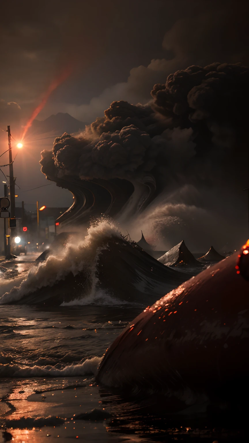 Tsunami of blood moves through the street as people run away, screaming, detailed, 8k, high quality, end of the world, people caught in tsunami