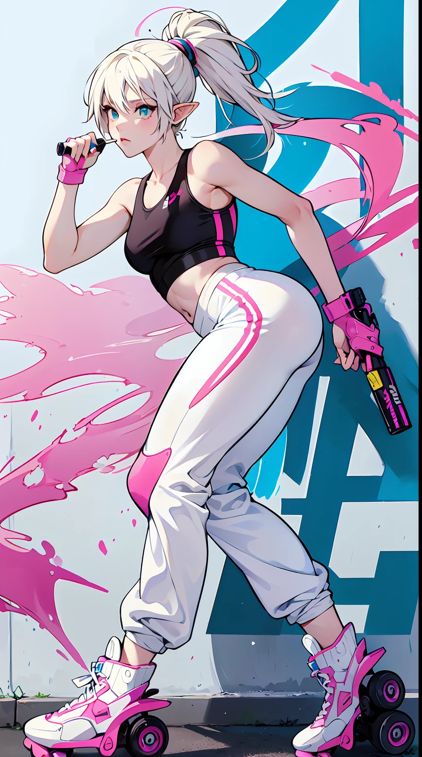 1elf girl, solo, (masterpiece), absurdres, high definition, paint splatters, graffiti, spray can, tight-fitting pants, athletic wear, jsrgum, street-style clothing, (pink and white inline skates), highly detailed face and eyes, white blonde short hair, ponytail. By Yusuke Murata.