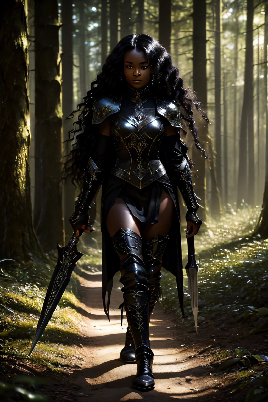 20-year-old short black girl, light skin, magical aura surrounding her, she is in a mysterious dark forest, dusk, long black wavy hair, boots, wearing leather armor, wielding daggers, fantasy art, Rich, Deep Colours, (intricate details:0.9), (HDR, hyper-detailing:1.2), (natural skin textures, hyper realisitc, soft light, Sharp),