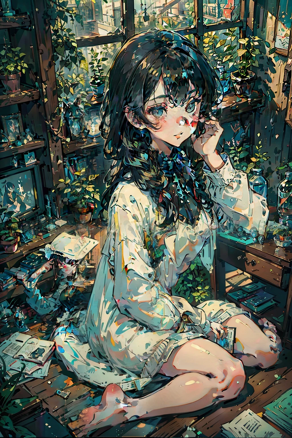 (masterpiece:1.3, best quality, ultra-detailed), (impressionism:1.3), 1girl, tall girl, from above, plant, black hair, lying, indoors, holding, long sleeves, long hair, stuffed toy, potted plant, book, food, window, phone, loaded interior, television, short hair, on back, stuffed animal, with a cat, slippers, barefoot, sitting, bookshelf, shelf, cable, computer