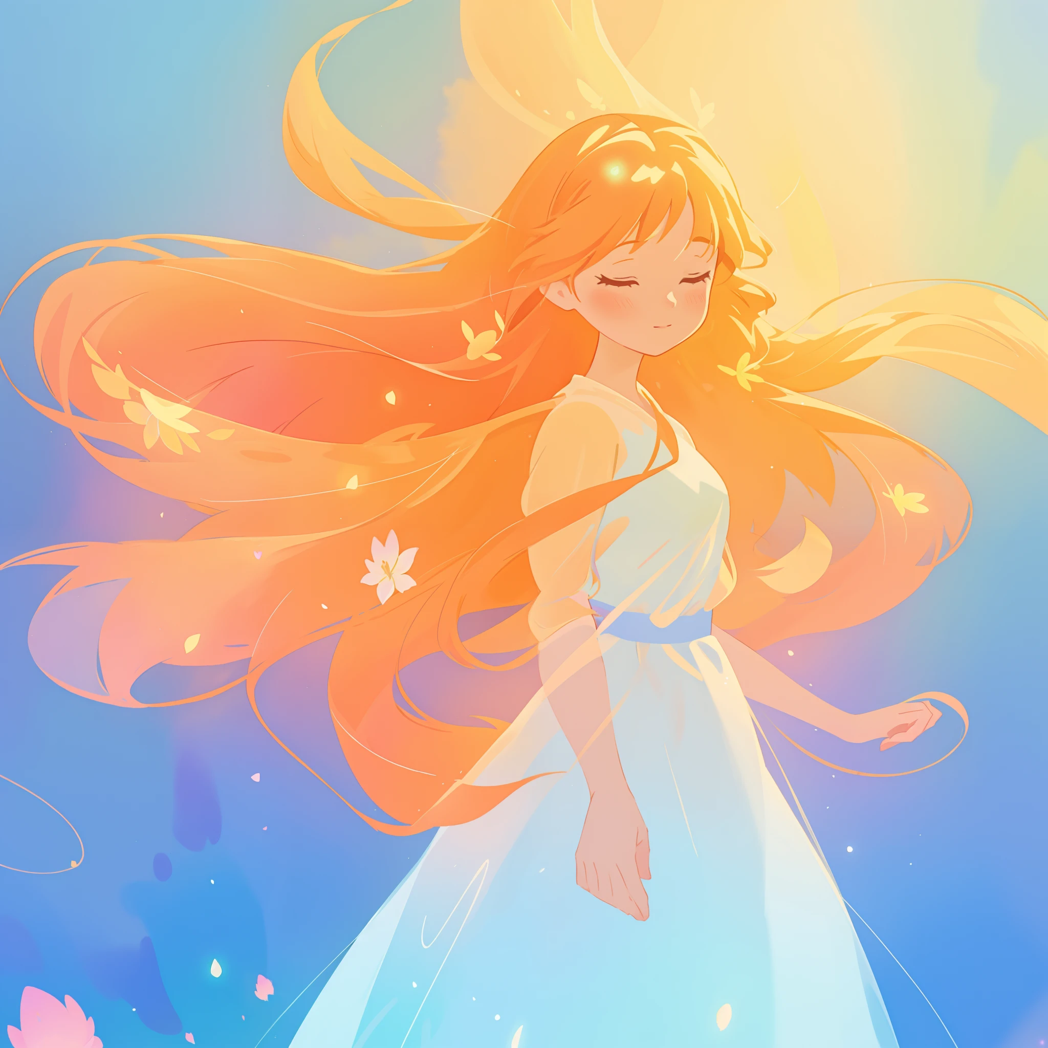 beautiful girl in flowing multi-layered dress, fairy dress, long golden hair, watercolor illustration, inspired by Glen Keane, inspired by Lois van Baarle, disney art style, by Lois van Baarle, glowing aura around her, by Glen Keane, jen bartel, glowing lights! digital painting, flowing glowing hair, glowing flowing hair, beautiful digital illustration, fantasia otherworldly landscape plants flowers, beautiful, masterpiece, best quality, anime disney style