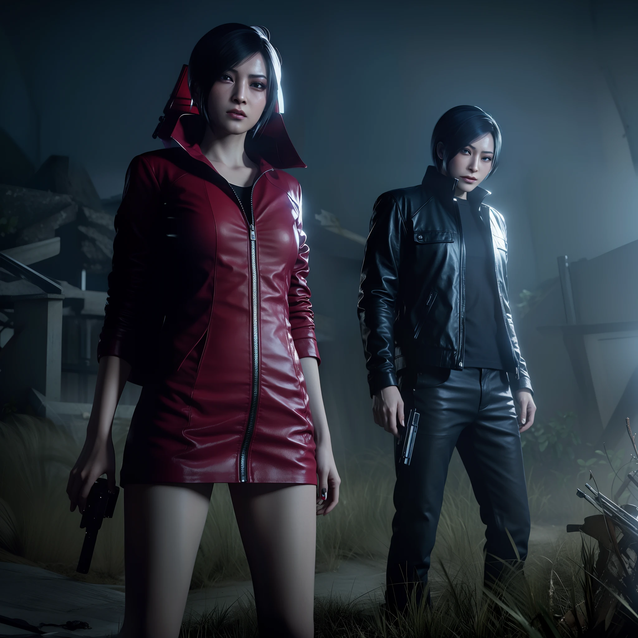 HD, ada wong, beautiful face, bob hair, red coat with black nail polish, sad face, glare,