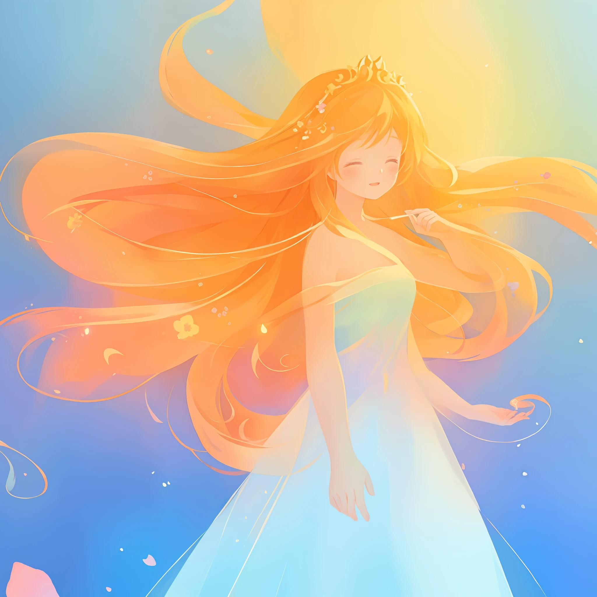beautiful girl in flowing multi-layered dress, fairy dress, long golden hair, watercolor illustration, inspired by Glen Keane, inspired by Lois van Baarle, disney art style, by Lois van Baarle, glowing aura around her, by Glen Keane, jen bartel, glowing lights! digital painting, flowing glowing hair, glowing flowing hair, beautiful digital illustration, fantasia otherworldly landscape plants flowers, beautiful, masterpiece, best quality, anime disney style