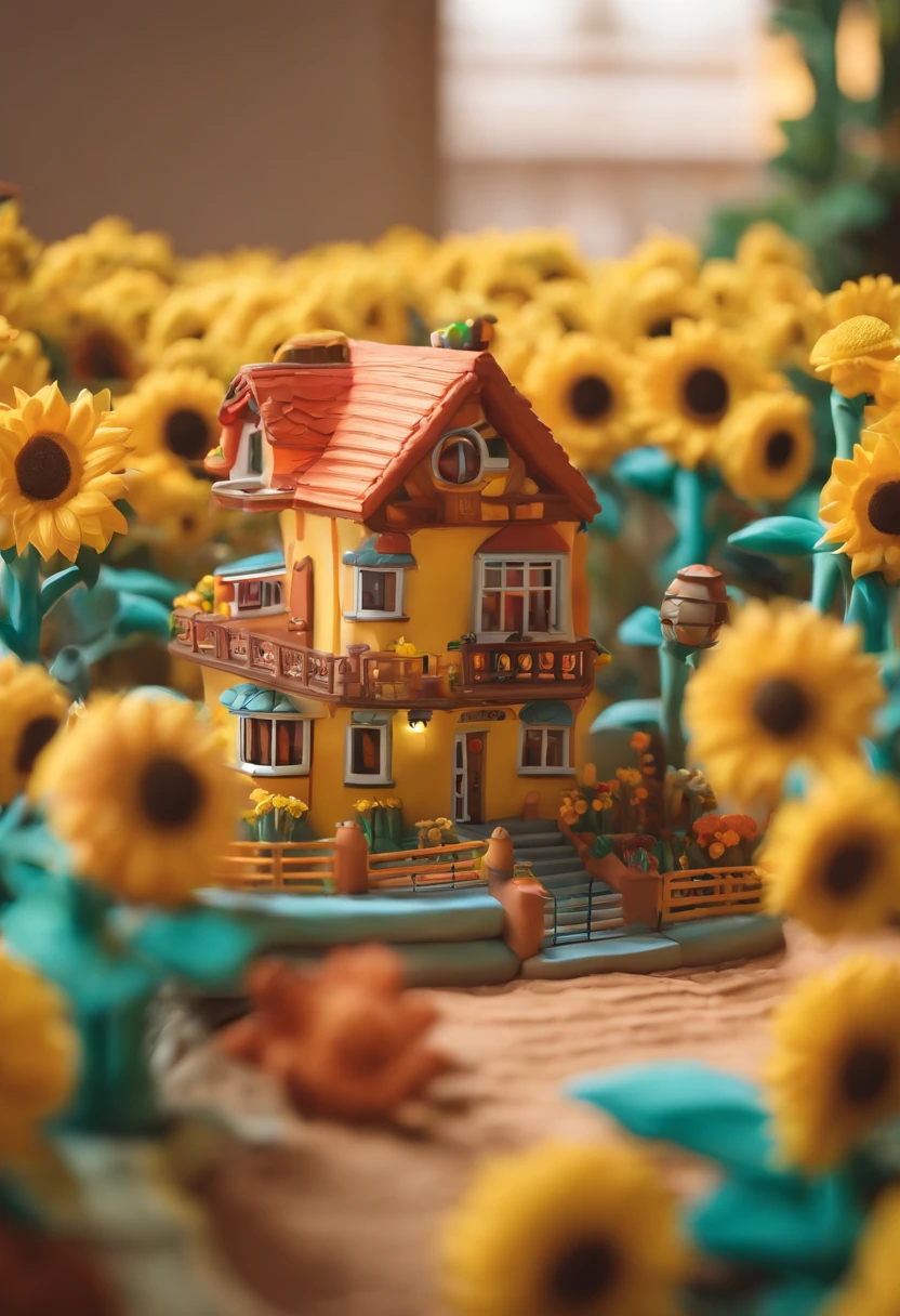 Sunflower House Gloria Studio, The garden is full of sunflowers, Clay material, Cartoon design style, pop mart, Soft lighting, Smooth lines, tilt shift lens, Detailed science fiction illustration, Hyper-realistic details, warm color