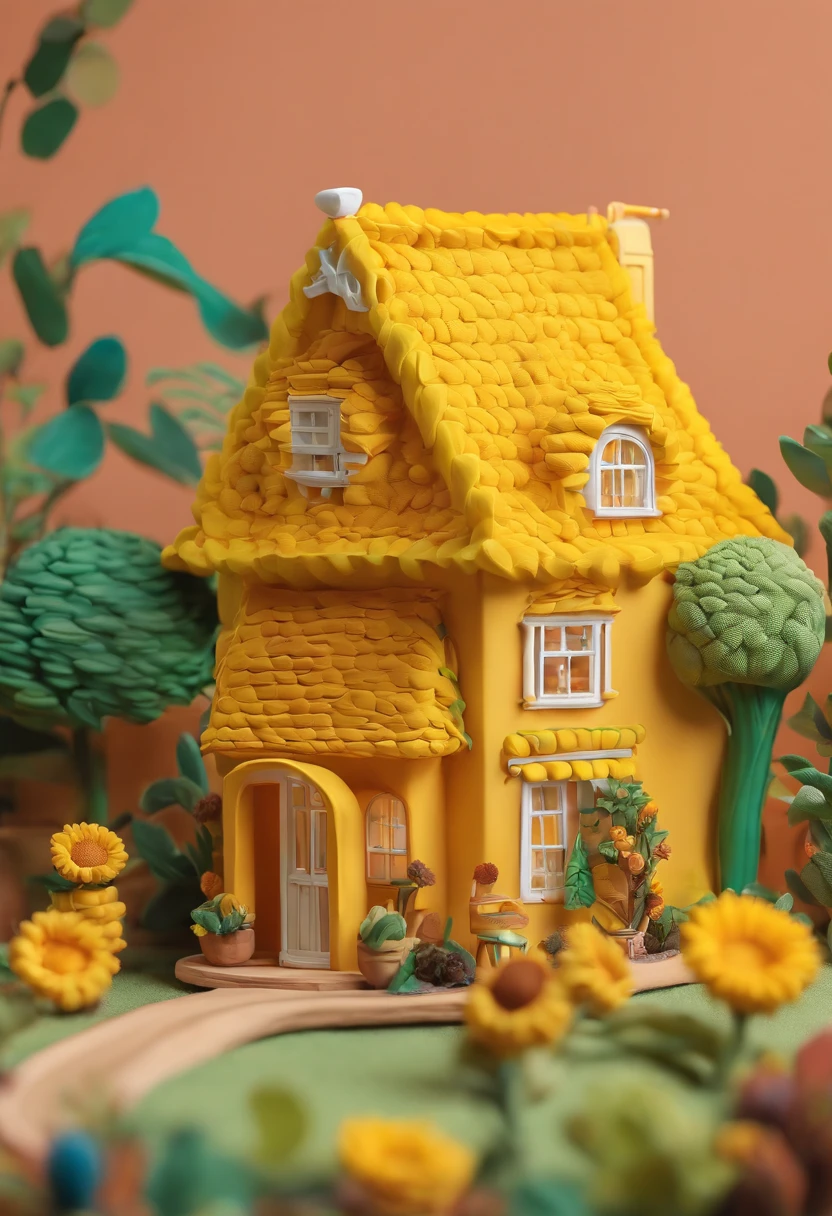 Sunflower House Gloria Studio, The garden is full of sunflowers, Clay material, Cartoon design style, pop mart, Soft lighting, Smooth lines, tilt shift lens, Detailed science fiction illustration, Hyper-realistic details, warm color