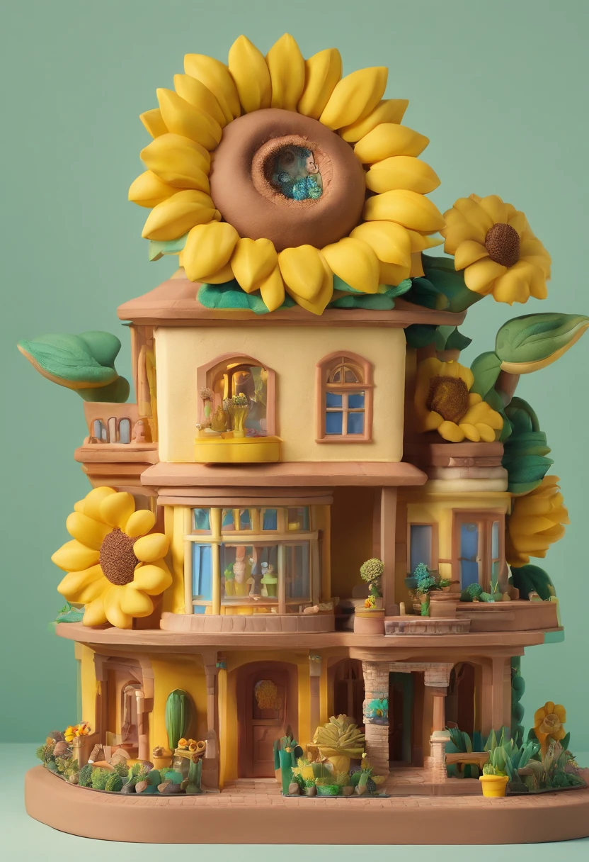 Sunflower House Gloria Studio, The garden is full of sunflowers, Clay material, Cartoon design style, pop mart, Soft lighting, Smooth lines, tilt shift lens, Detailed science fiction illustration, Hyper-realistic details, warm color