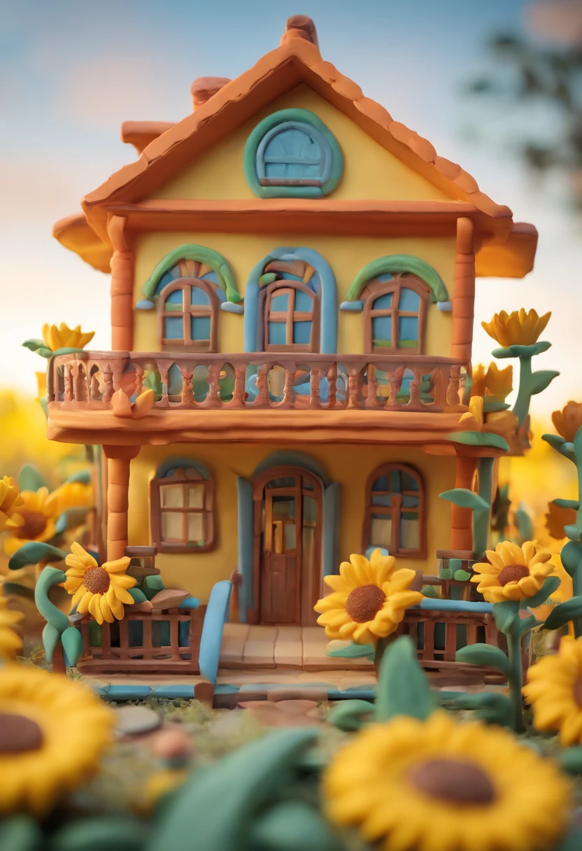 Sunflower House Gloria Studio, The garden is full of sunflowers, Clay material, Cartoon design style, pop mart, Soft lighting, Smooth lines, tilt shift lens, Detailed science fiction illustration, Hyper-realistic details, warm color