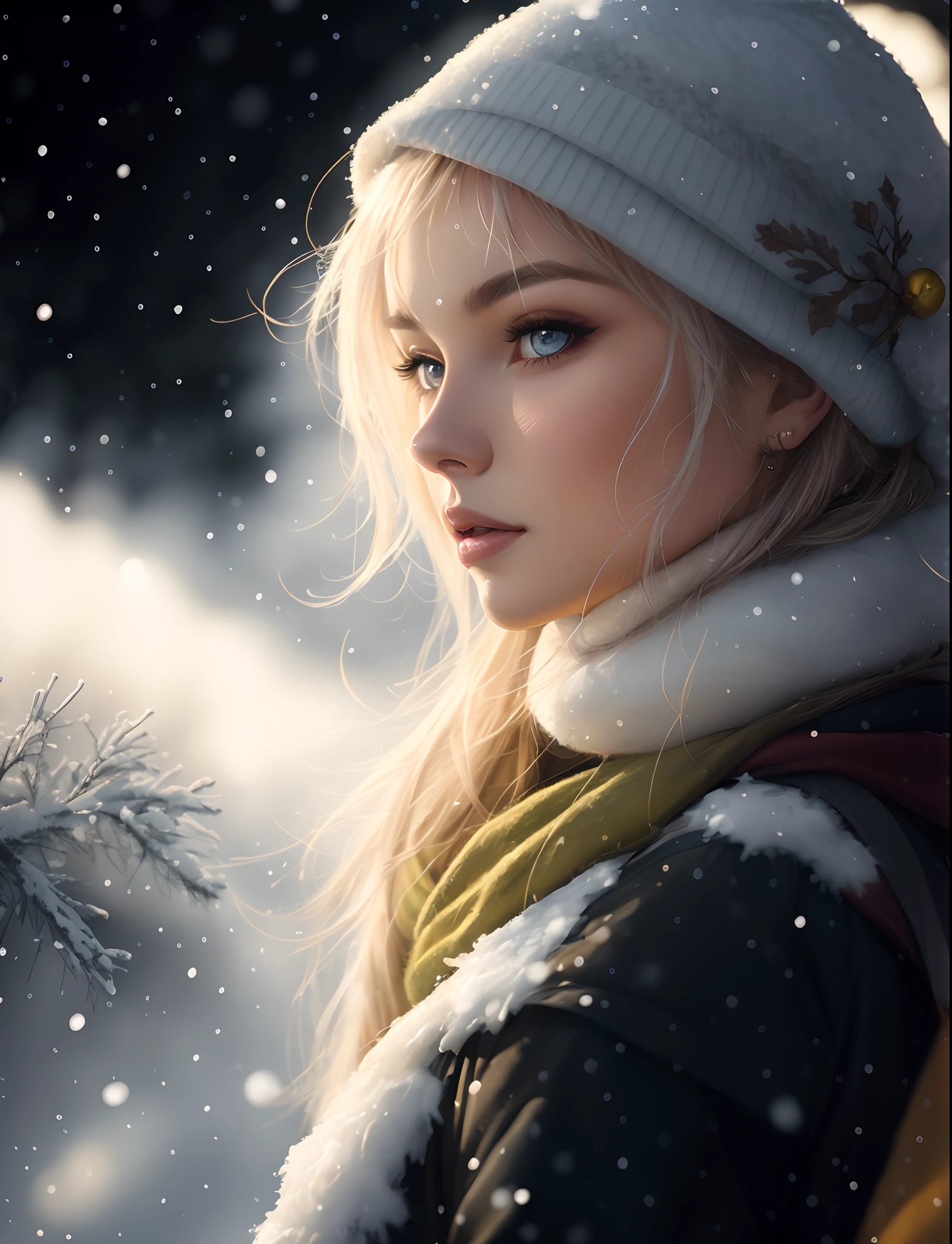 blond woman in winter clothing looking at camera with snow falling, beautiful digital artwork, realistic digital art 4 k, realistic digital art 4k, gorgeous digital painting, 8k artgerm bokeh, beautiful digital painting, stunning digital illustration, cgsociety portrait, realistic digital painting, realistic cute girl painting, stunning digital painting, cinematic realistic portrait, beautiful digital illustration