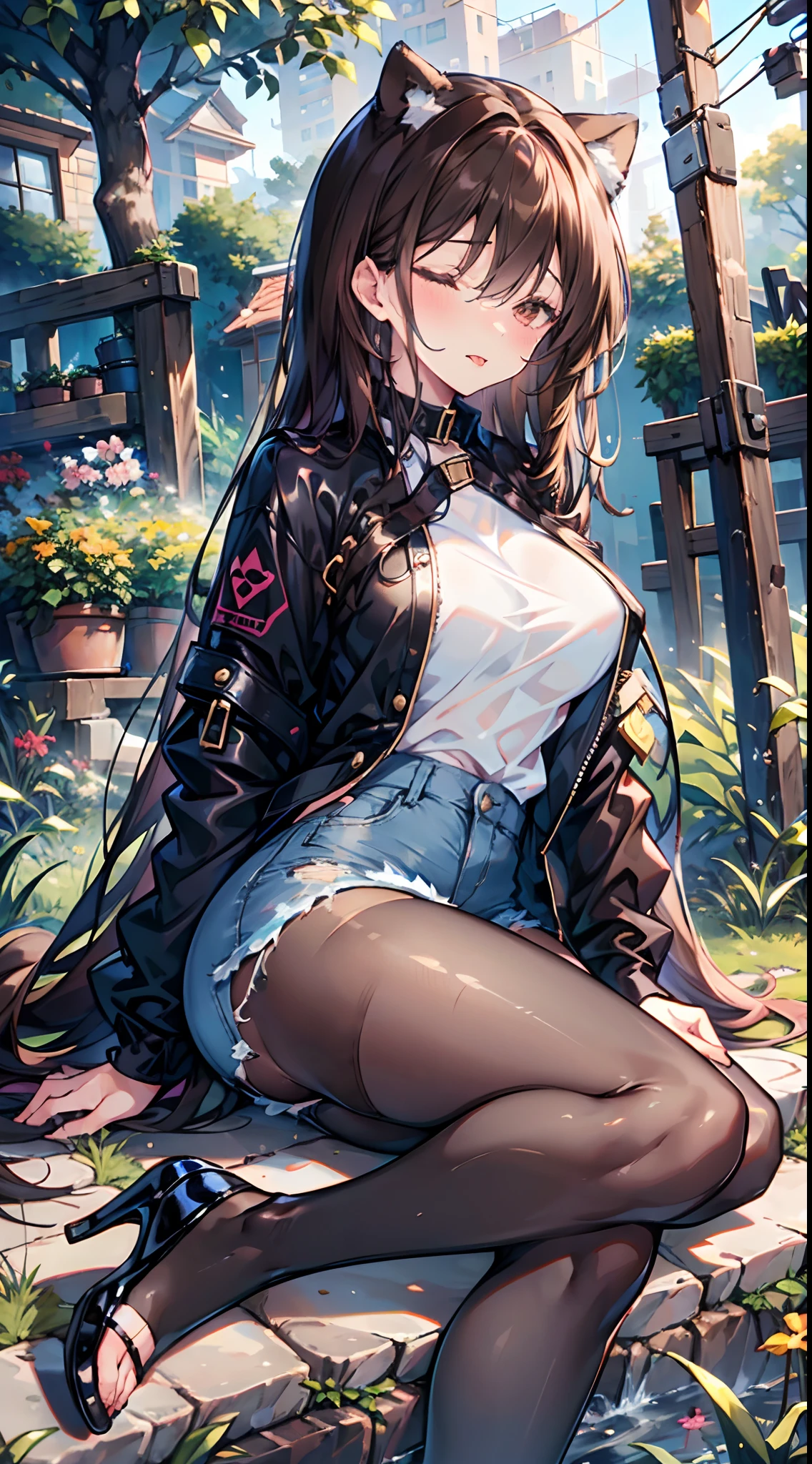 1girl,dog,solo,black hair,brown hair,samoye,animal,denim,tongue,leash,sleeping,long hair,tongue out,long sleeves,jacket,sitting,pants,stiletto heels,anime,pantyhose,transparent flesh colored pantyhose,animal,garden,JIMMY CHOO,denim hot pants,hip wrap skirt,