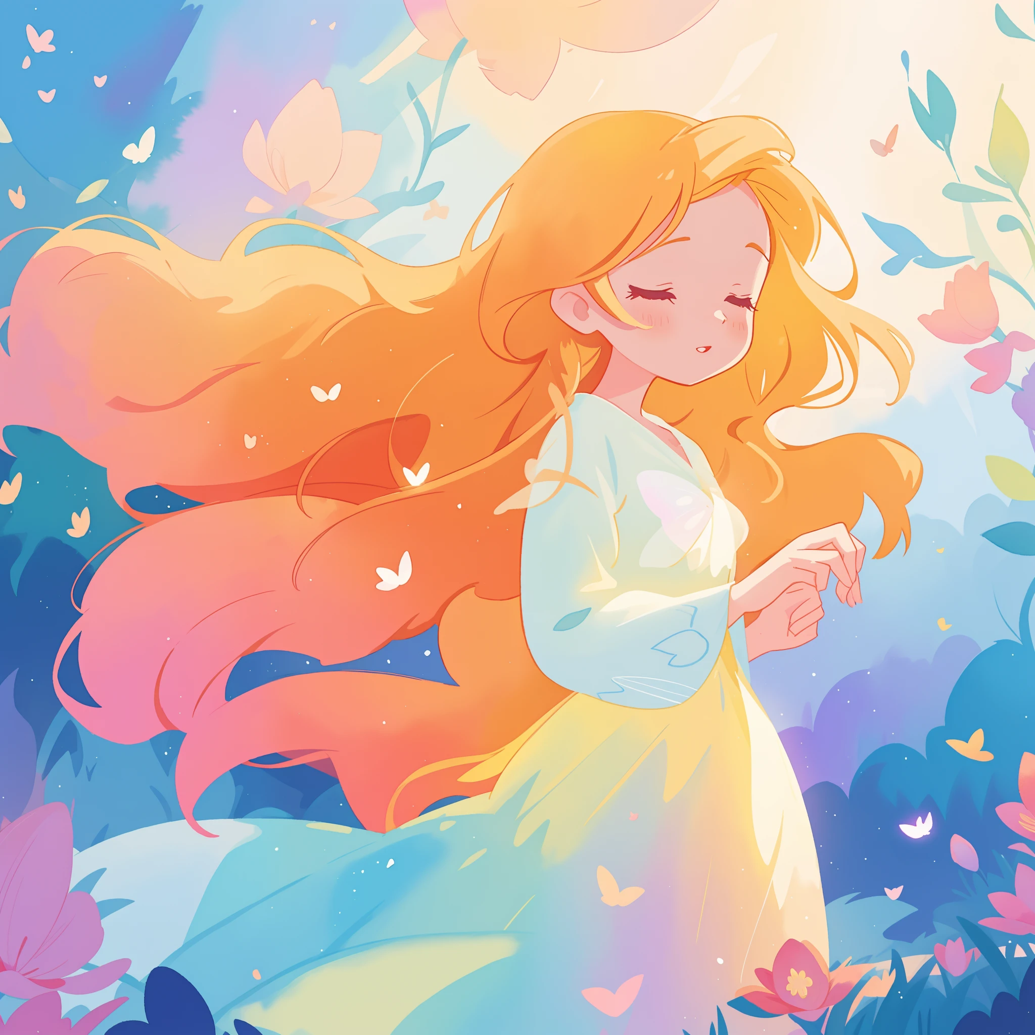 beautiful girl in flowing multi-layered dress, fairy dress, long golden hair, watercolor illustration, inspired by Glen Keane, inspired by Lois van Baarle, disney art style, by Lois van Baarle, glowing aura around her, by Glen Keane, jen bartel, glowing lights! digital painting, flowing glowing hair, glowing flowing hair, beautiful digital illustration, fantasia otherworldly landscape plants flowers, beautiful, masterpiece, best quality, anime disney style